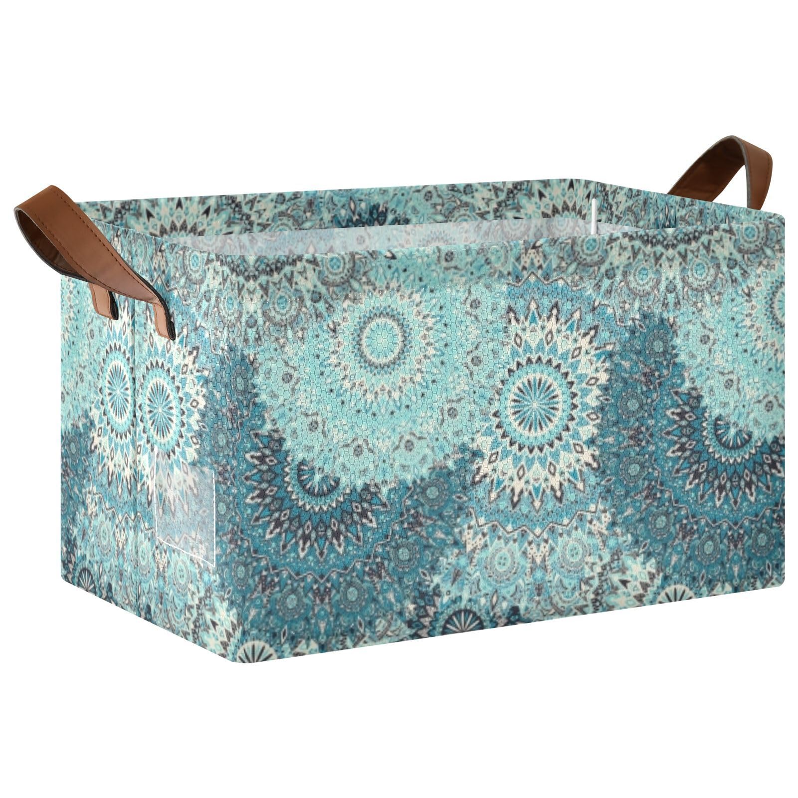 Tribal Mandala Turquoise Teal Islam Arabic Indian Ottoman Motifs 1PC Rectangle Foldable Frame Basket Leather Handles Storage Bin for Laundry Bathroom Organizer M 16.9 x 11.4 x 10 inch
