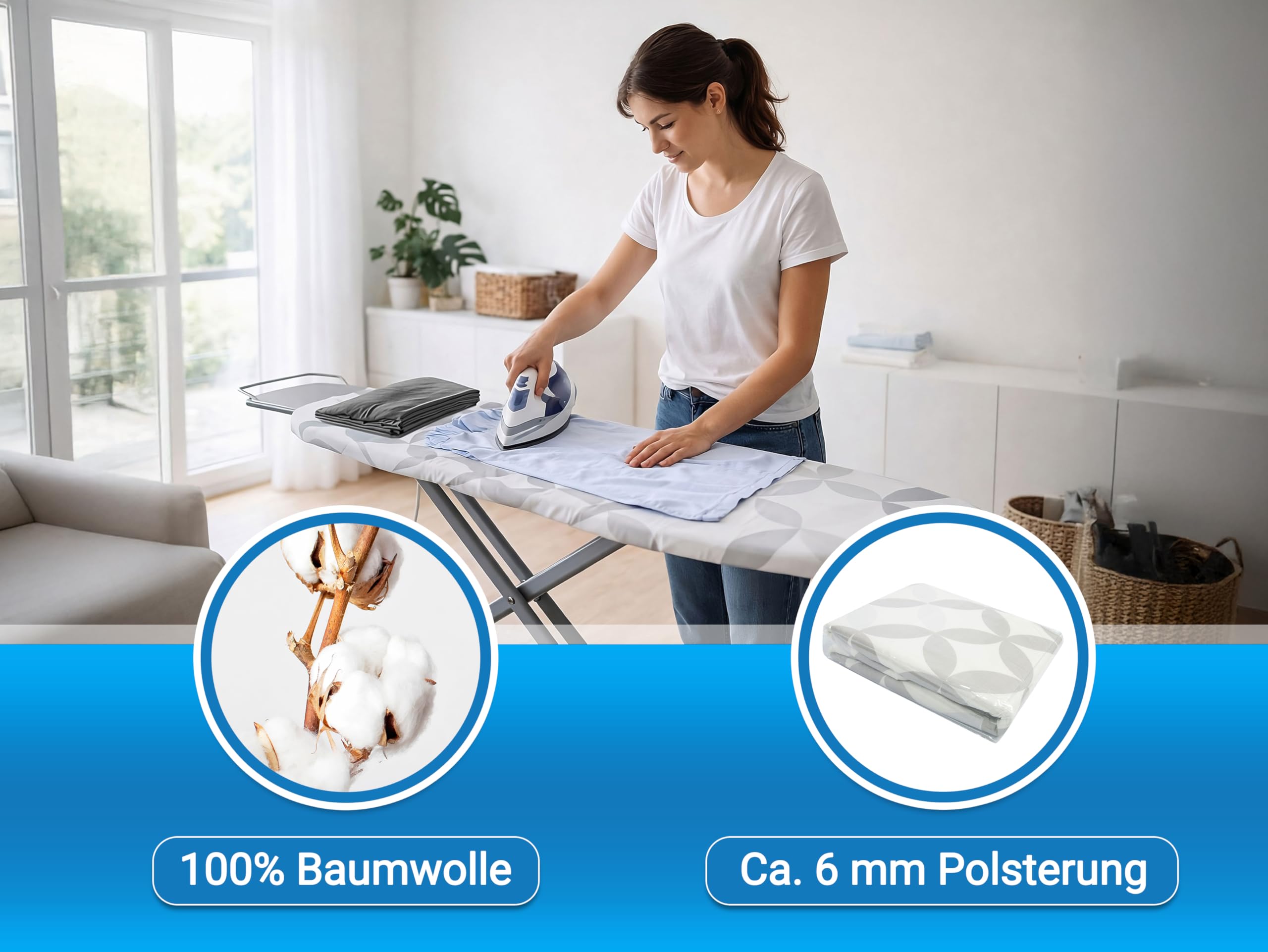 ZOLLNER Bügelbrettbezug in 48x125 cm - aus Baumwolle - mit rundum Gummizug und Schnappverschluss - für ein faltenfreies Bügelergebnis