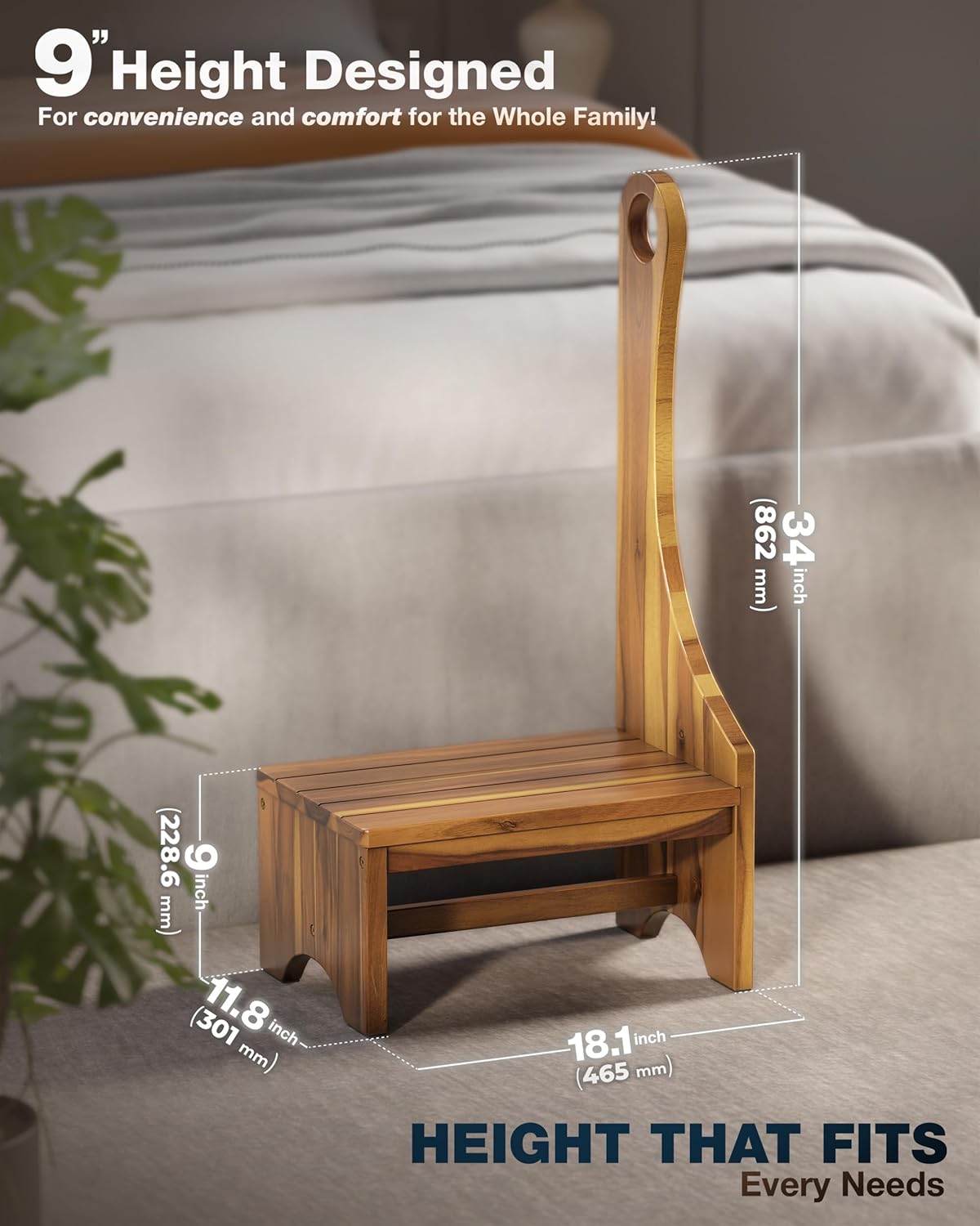 FANATU Premium Step Stool with Handle for Adults, Elderly & Seniors, Wooden 9” One Step Stool for High Bed, Heavy Duty Bedside Step Platform, Holds Up to 400 lbs, Nonslip Platform for Kitchen/Bathroom