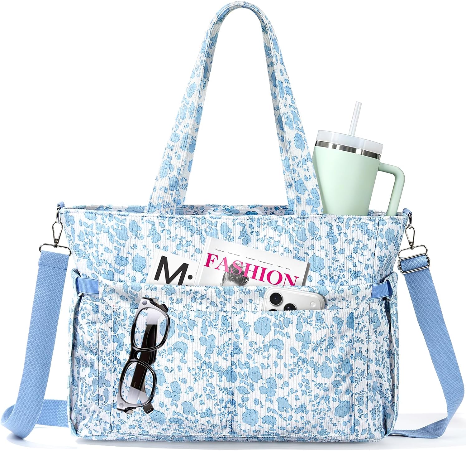 TESAFNG Corduroy Tote Bag for Women with 40oz Cup Holder, 17 Pockets Large Capacity Laptop Work Handbag with Adjustable