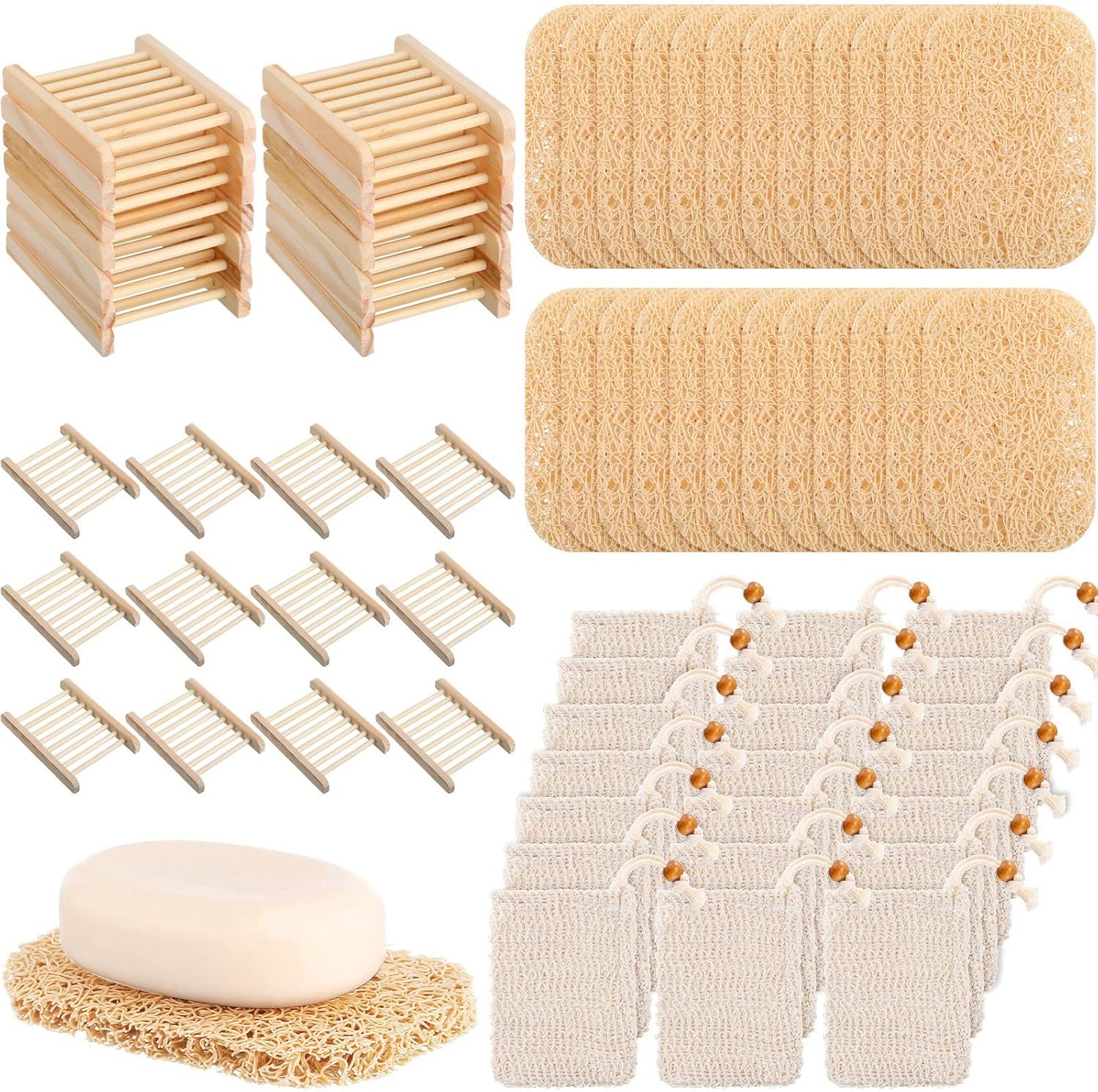 Yaomiao 72 Pieces Soap Accessories Set Includes Wood Soap Dish, Saver Pads Bulk with Self Drain, Bar Holder Mesh Bag for Shower Bath Home Toilet Kitchen Hotel Restaurant(Wood Color)