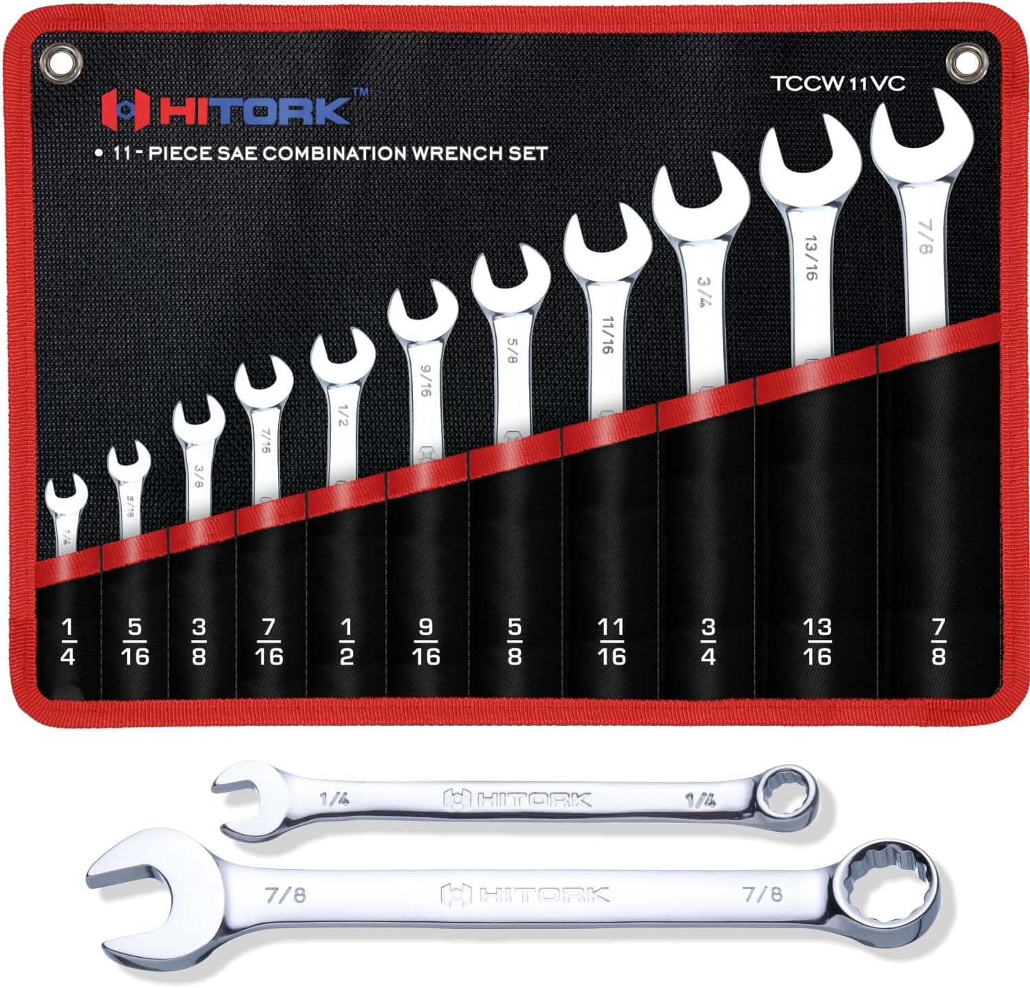 Hitork 11 Piece Combination Wrench Set with Roll Pouch, SAE Sizes (1/4" - 7/8"), Drop Forged Cr-V Steel, Chrome Plated Mirror Finish, 12 Point Box End, 15° Offset, Exceeds ANSI Standards
