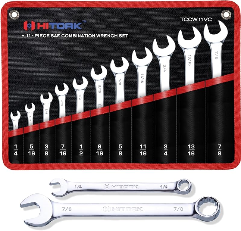 Hitork 11 Piece Combination Wrench Set with Roll Pouch, SAE Sizes (1/4" - 7/8"), Drop Forged Cr-V Steel, Chrome Plated Mirror Finish, 12 Point Box End, 15° Offset, Exceeds ANSI Standards | Mirror chrome finish, raised box ends and organized roll up storage improve access, torque control and automotive repair work