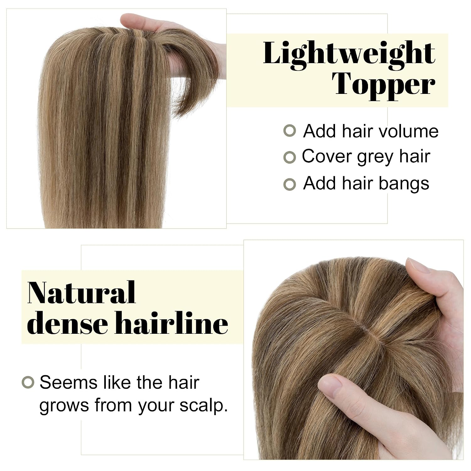 SEGO Hair Toppers for Women With Bangs Real Human Hair, 130% Density 10 * 12CM Silk Base Clip in Top Wiglet Hairpieces for Thinning Hair -6 Inch #4P27 Medium Brown&Dark Blonde