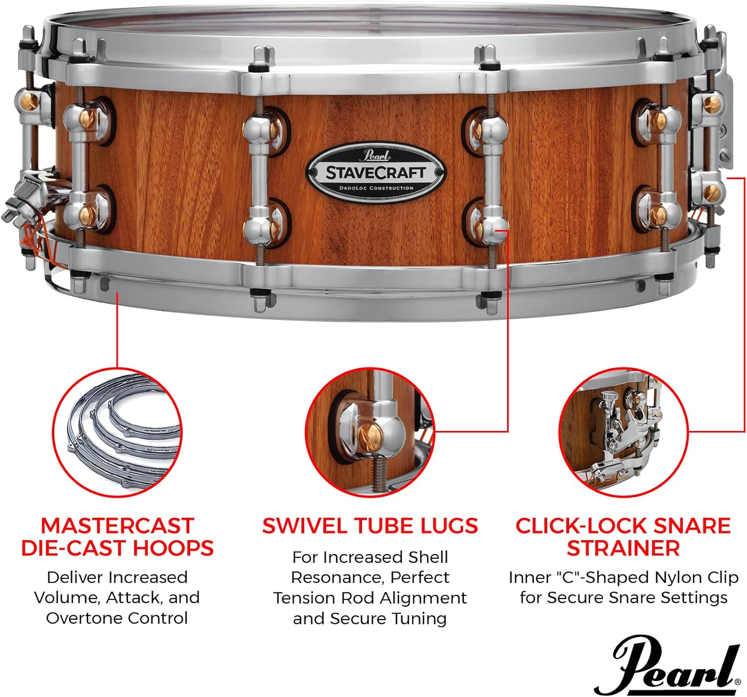 Pearl StaveCraft 14"x5" Maximum Volume Snare Drum with 20mm Makha shell, Thai Oak DadoLoc and MasterCast Die-Cast Hoops in Hand-Rubbed Natural Satin Finish