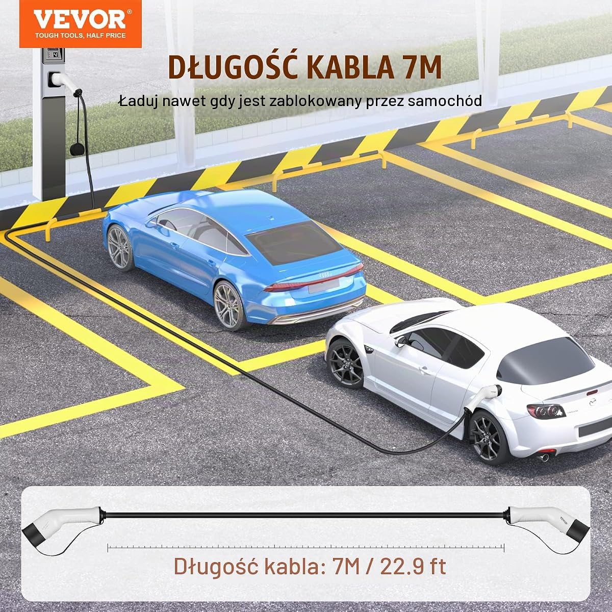 VEVOR Kabel do ładowania EV typu 2 do typu 2, jednofazowy pojazd elektryczny, 32 A, 22 kW, 7 m, IP66, wodoodporny, z torbą do przenoszenia do pojazdu elektrycznego IEC62196 hybrydowy akumulator CE TÜV
