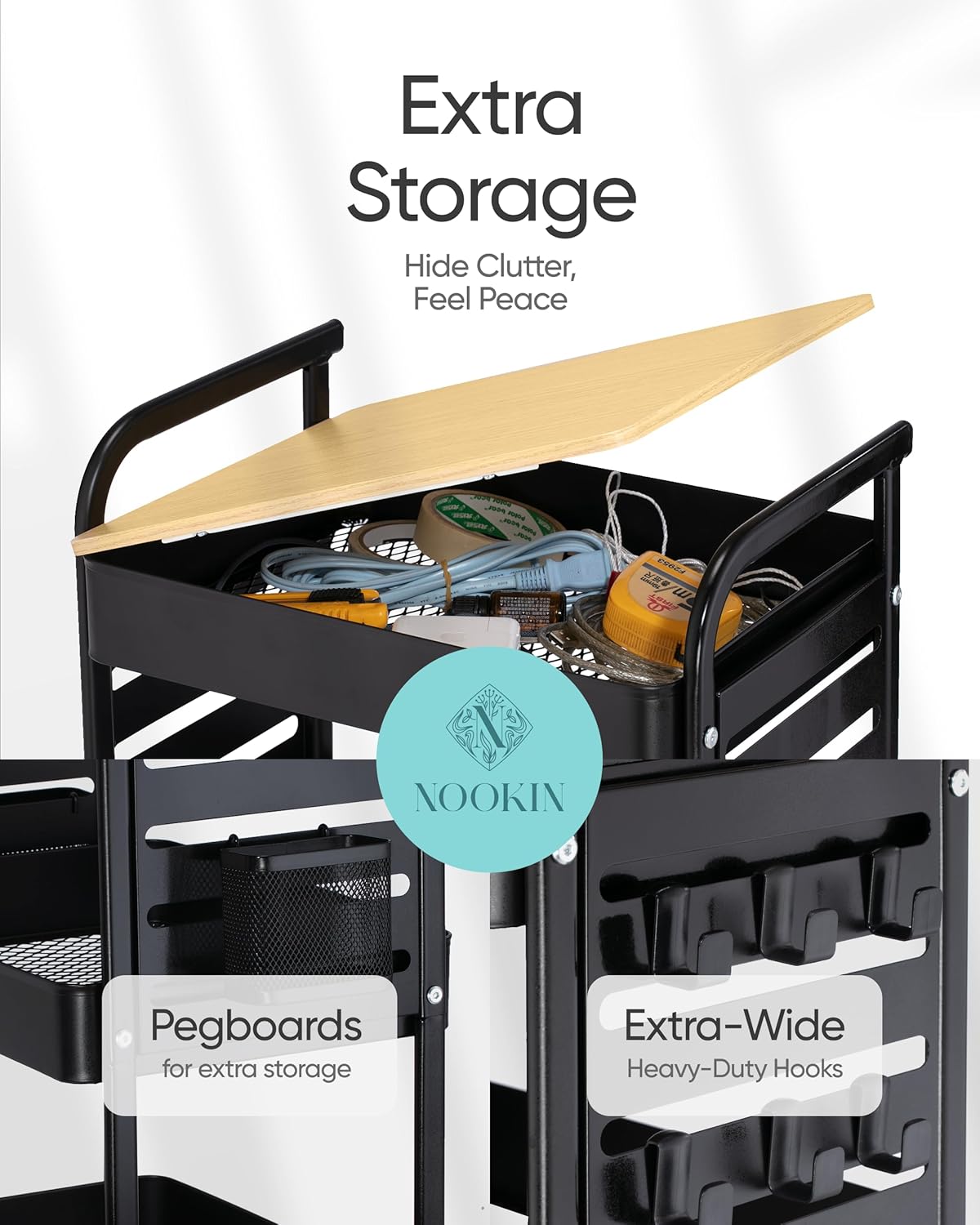 Art Cart with Tabletop & Pegboard - 3-Tier Rolling Utility Cart with Wheels, 2 Baskets & 6 Hooks - Metal Storage Organizer for Home, Office, Crafting & Kids’ Art Supplies (Black) image 3 of 6 B0DZNHSRH5