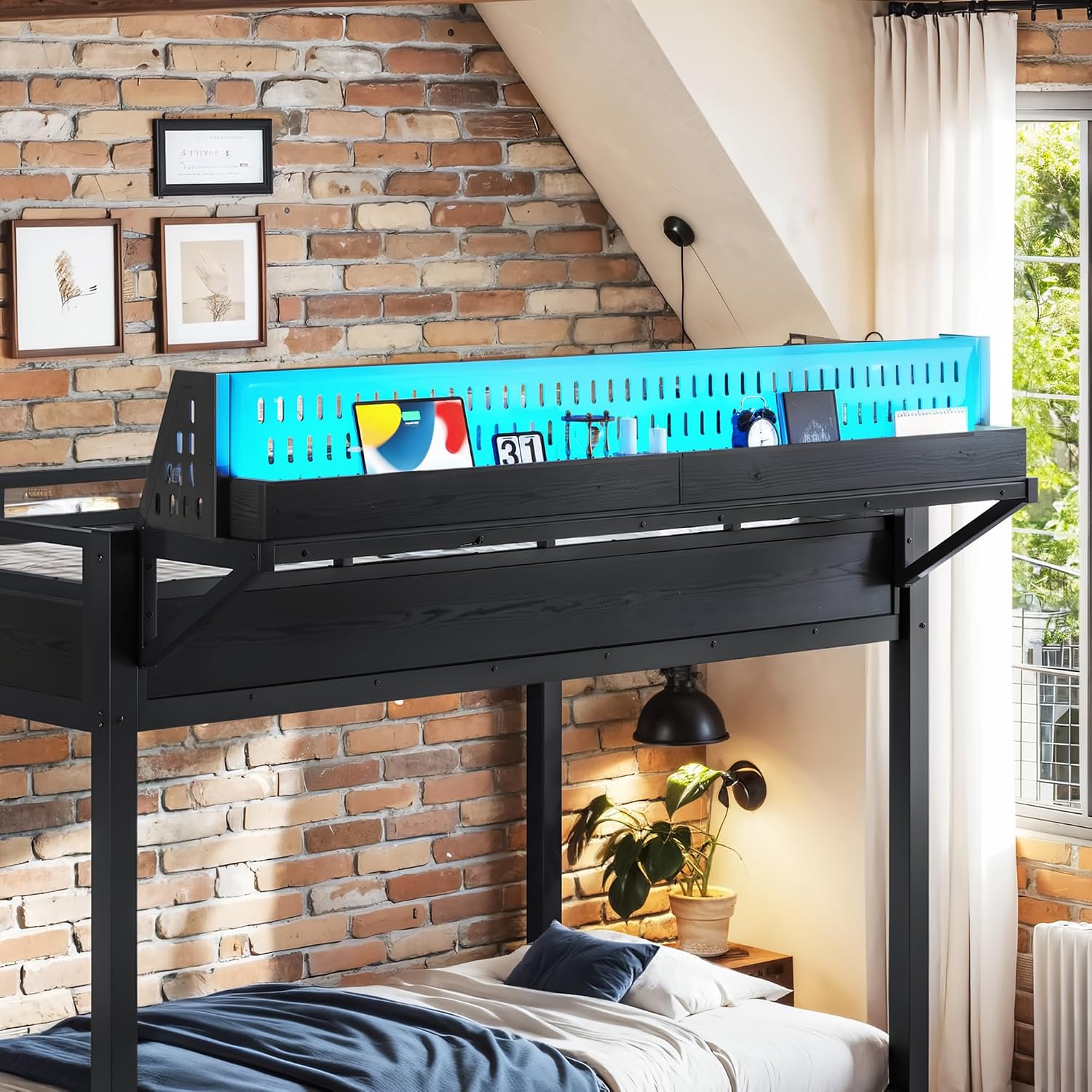 Bellemave Twin XL Over Twin XL Bunk Bed with Storage Shelves & Pegboard, Metal Bunk Bed Frame with USB Ports & LED Lights, Twin XL Bunk Beds for Teens Adults, No Box Spring Needed, Black Natural