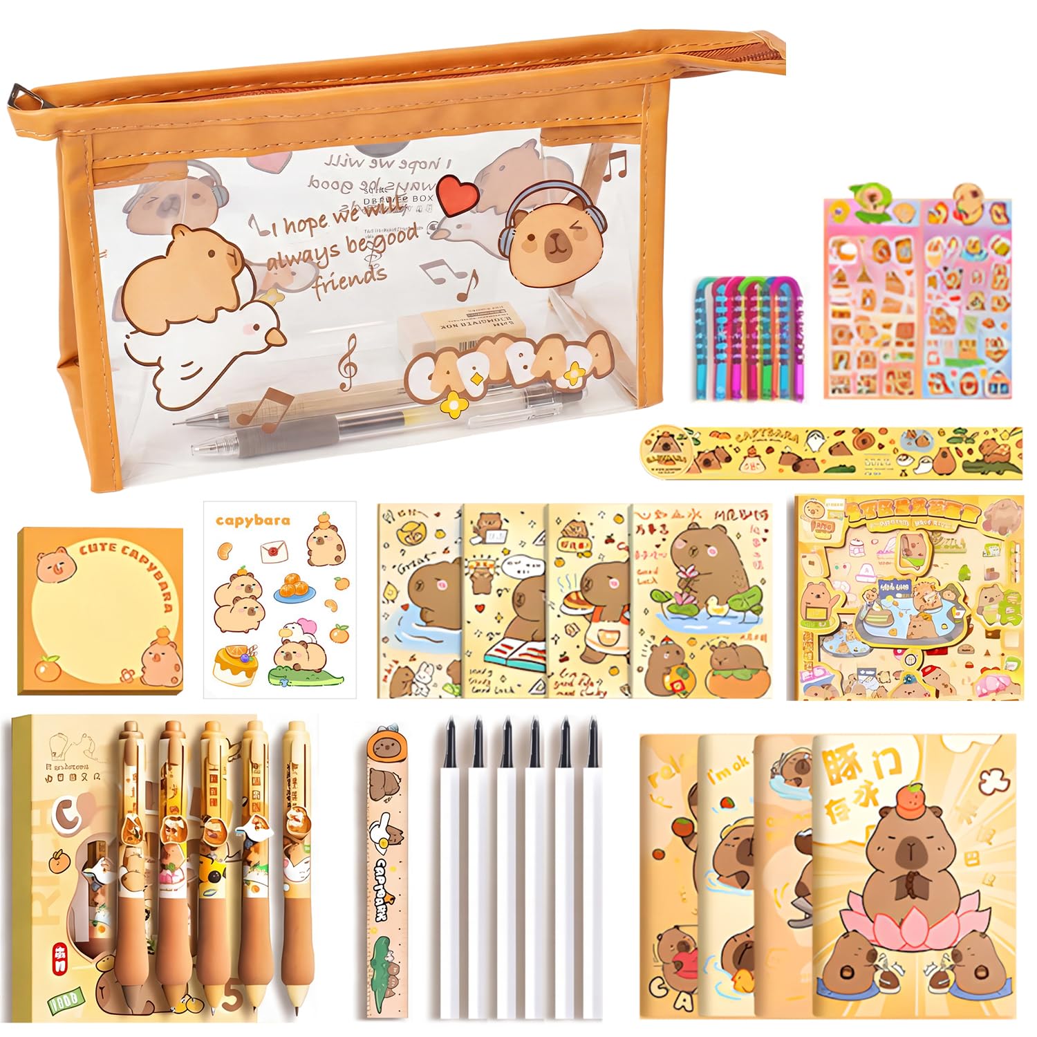 34Pcs Capybara Stationery Set, Kawaii Stationery Supplies for Students, Pencil Case, Pens, Pocket Notebook, Notepad, Stickers, Washi Tape and Ruler, Capybara Gift for Birthday Back-to-school