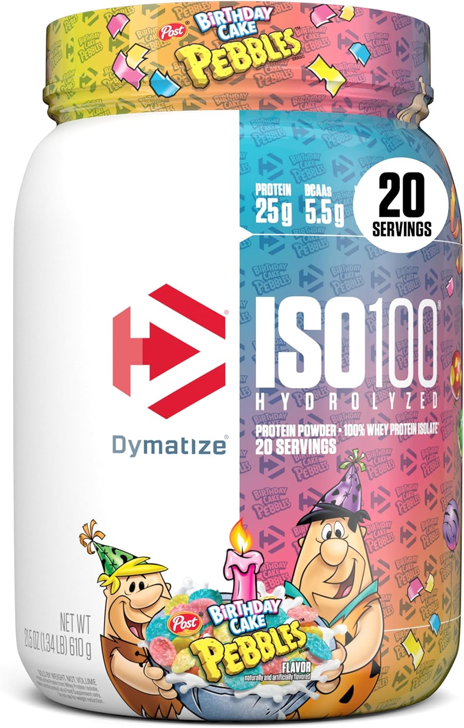 Dymatize x Birthday Cake Pebbles ISO100 Whey Protein Powder Isolate, 25g of Protein, 20 Servings, 5.5g BCAAs, 120 Cal., Gluten Free, 1g Fat, 1g Sugar, 2g Carb protein powder by Dymatize