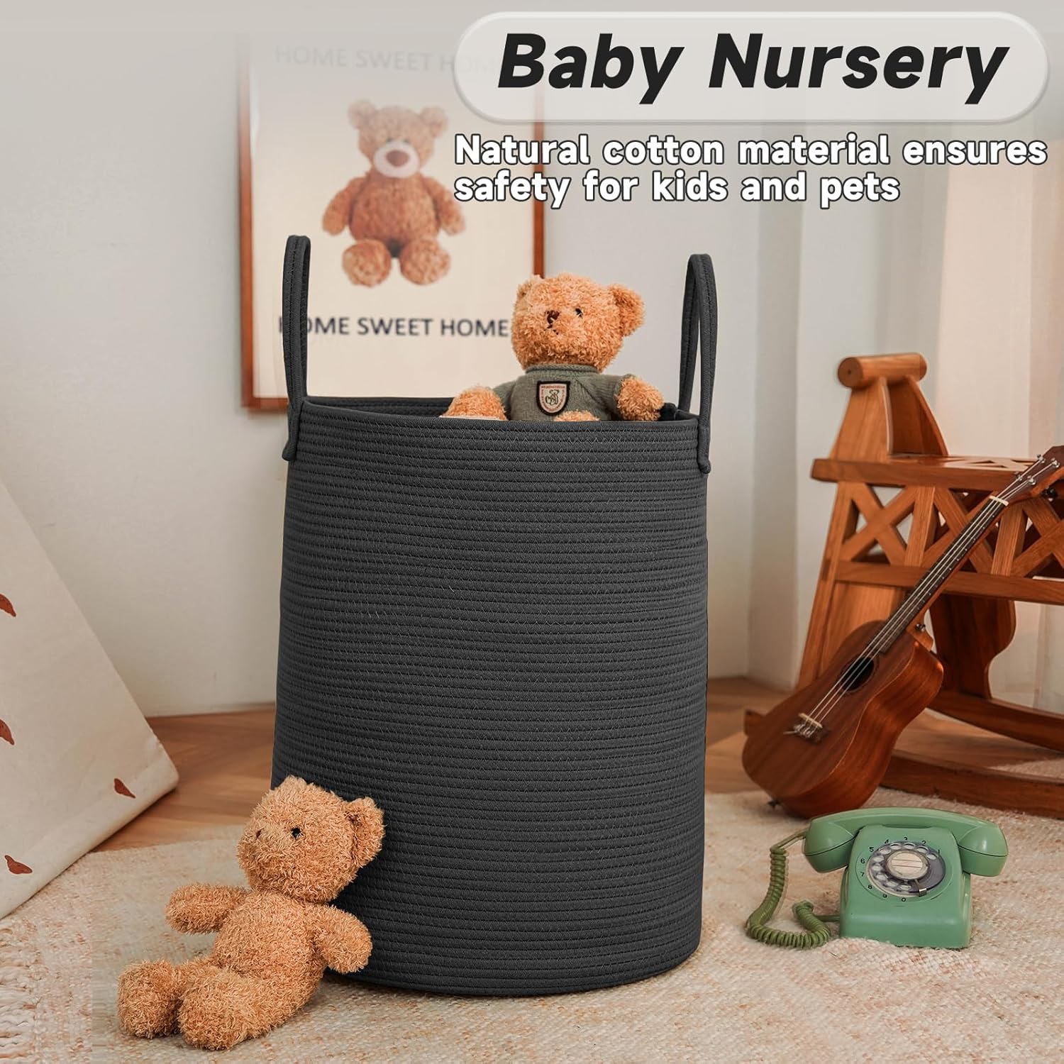 large woven laundry basket hamper,60l cotton rope storage bin for blankets,toys and clothes,decorative tall nursery hamper for living room,baby nursery,bathroom and bedroom,black black 60l