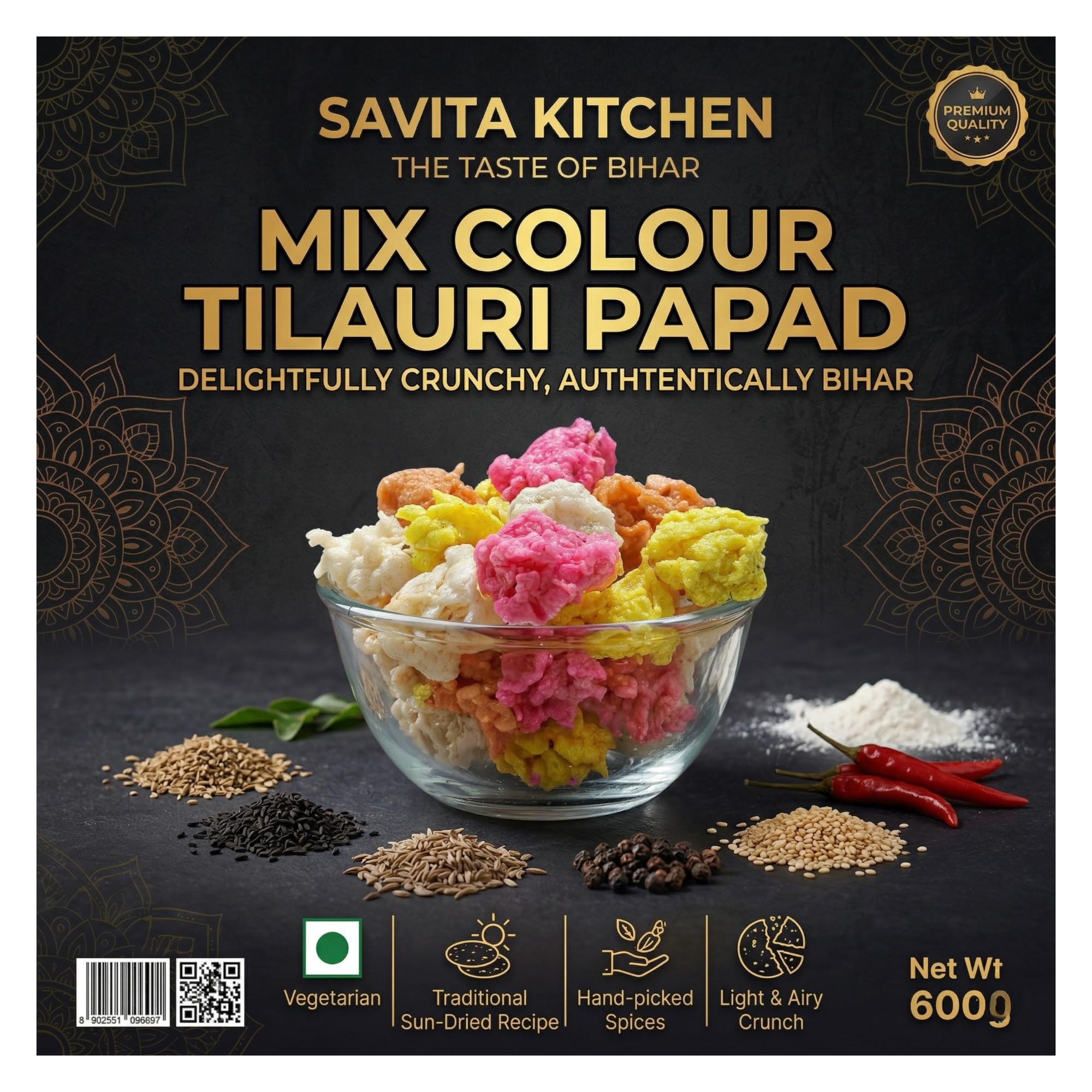 Savita Kitchen Mix Colour Tilauri Papad 600g | Traditional Bihar-Style Sun-Dried Rice Flour Papad | Hand-Picked 7-Spice Blend | Vegetarian Crunchy Snack | Authentic Bihari Delicacy | No Added Sugar, No Maida-image-46