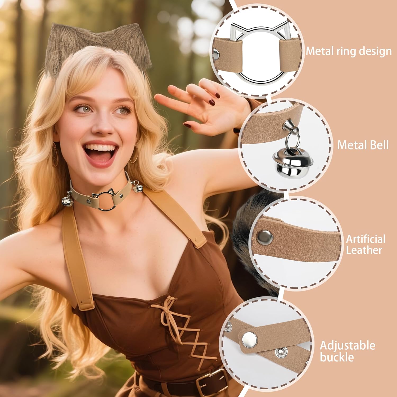 Cat Ears and Tail,Wolf Fox Ears Long Tail and Bell Lace Choker Set for Halloween,Animal Cosplay Party Costume - Image 5