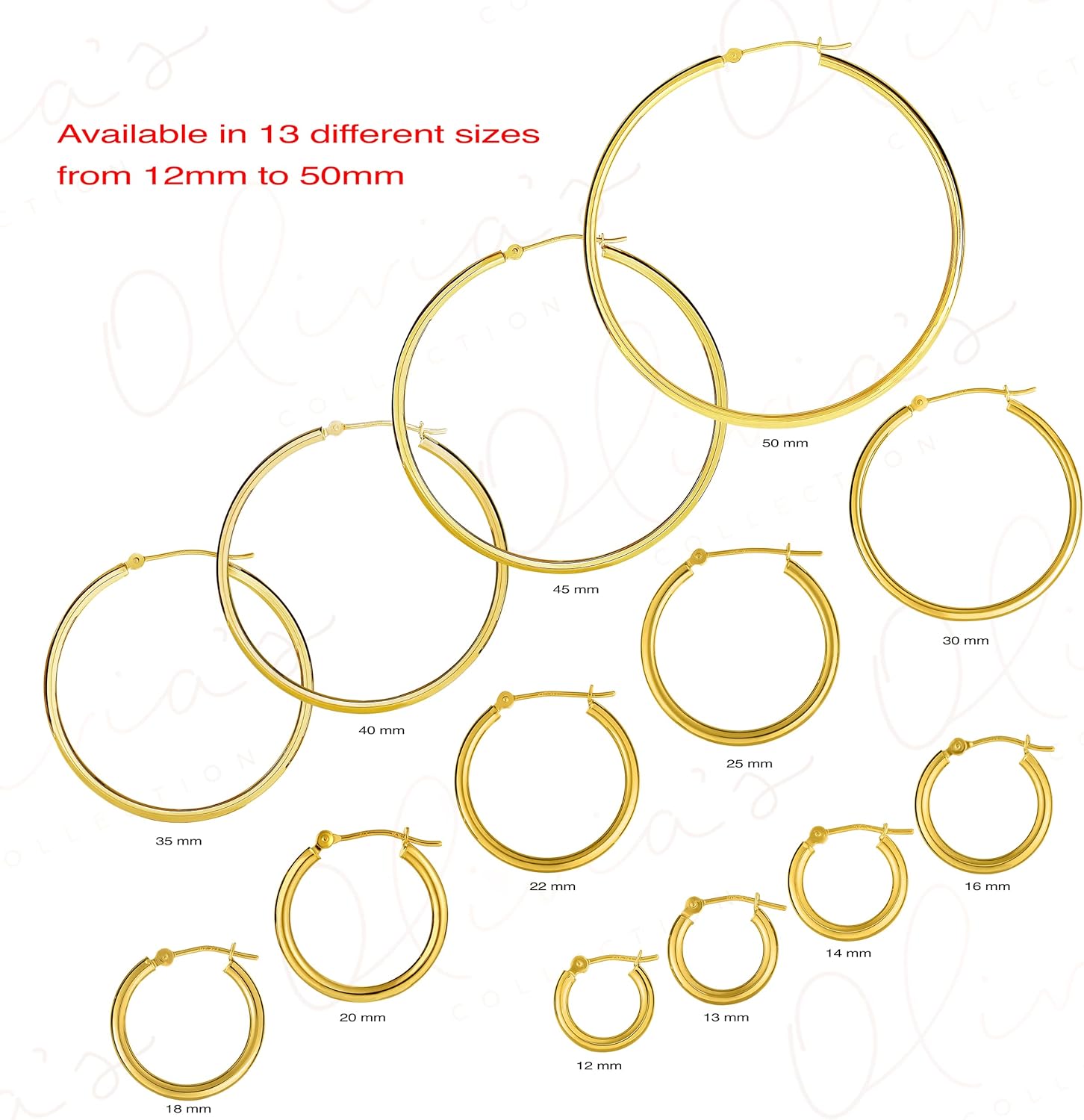 Olivia's Collection 14k Yellow Gold Bright Polished Hoop Earrings (12-50x2.0mm), Piercing to Lobe, Upper-Lobe for a Woman, Man, or Teen - Image 4