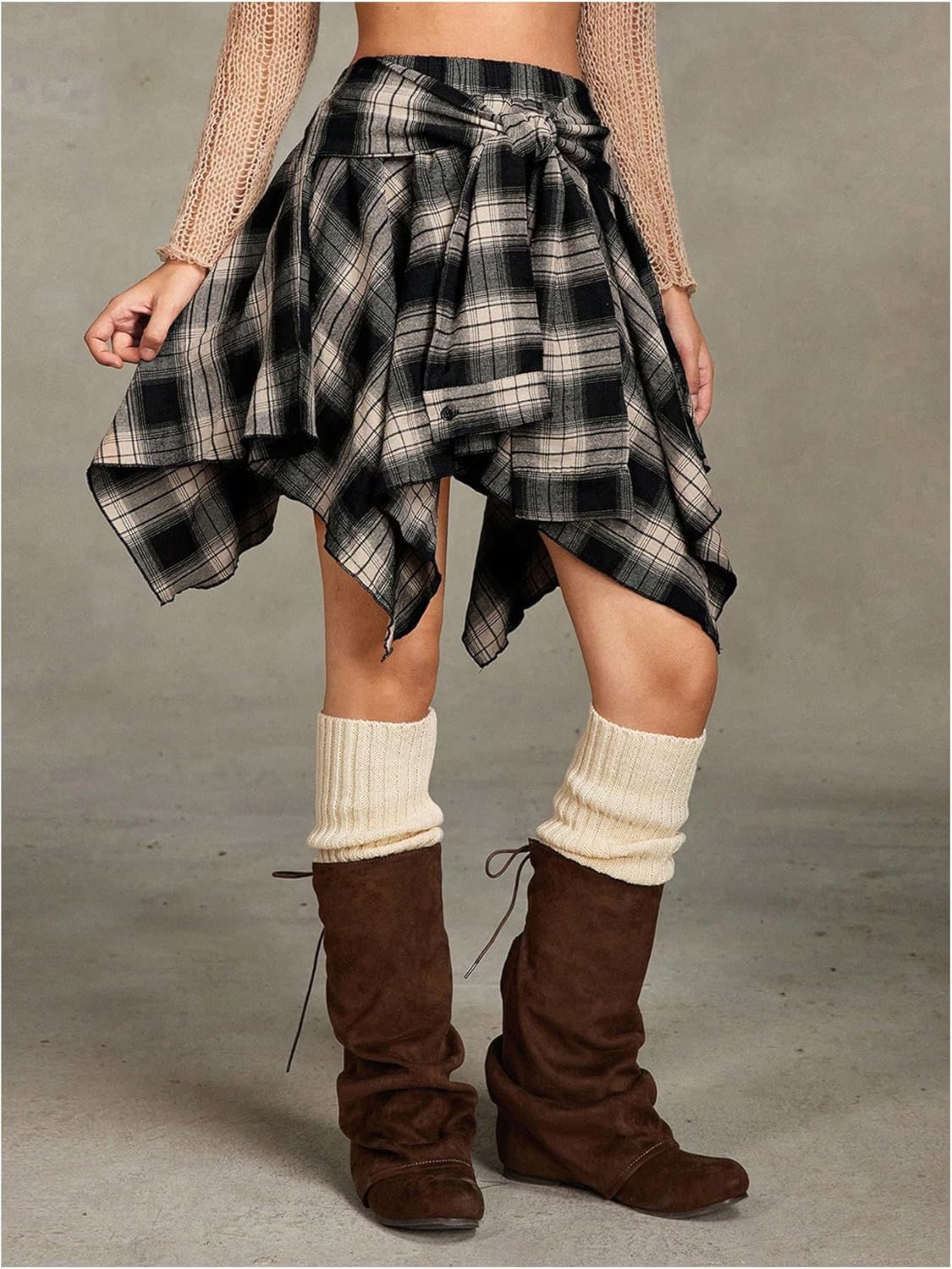 Verdusa Women's Y2k Goth Grunge Plaid Skirts Tie Vintage Asymmetrical Flowy Pleated Mini Skater Skirt - Image 4