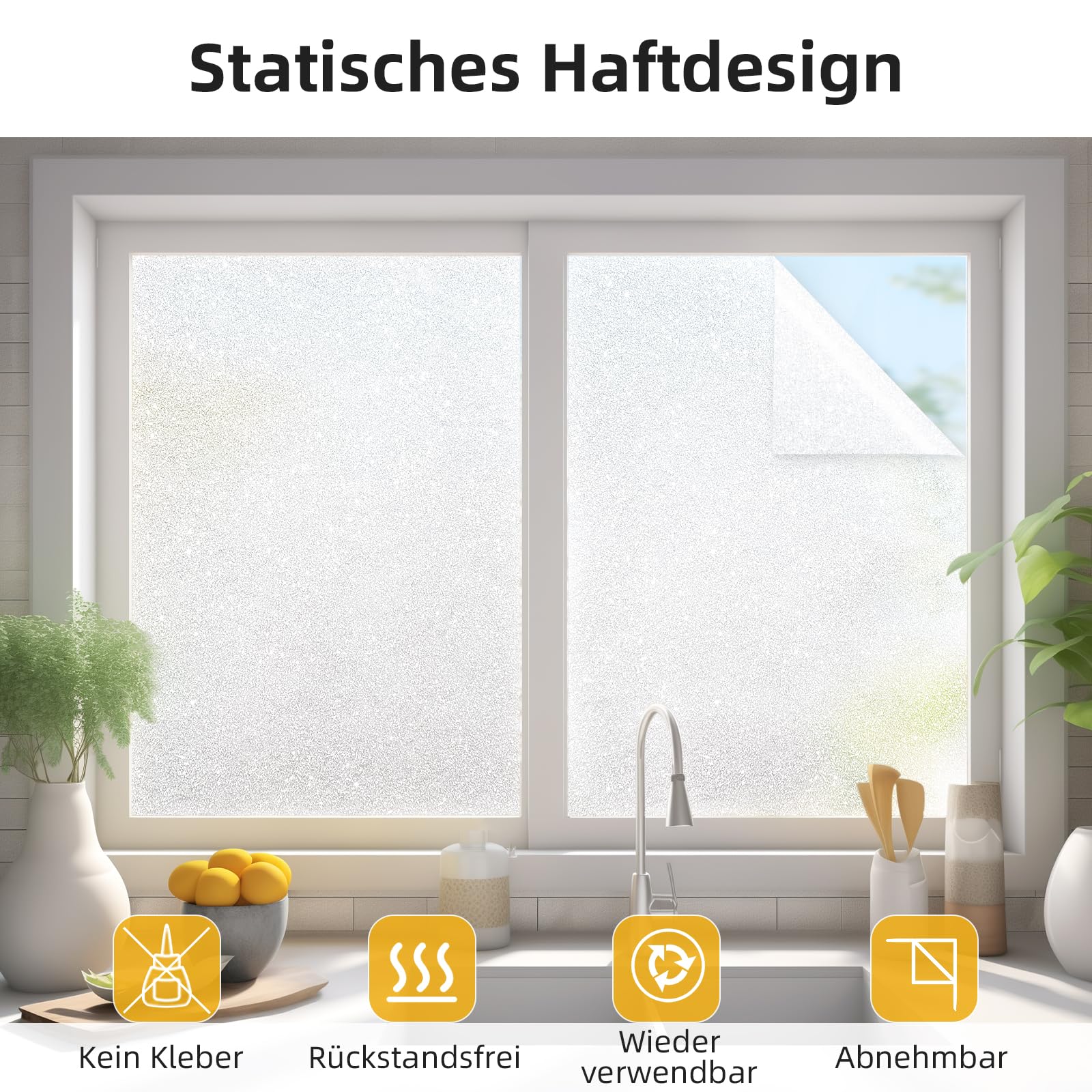 Blickdichte Fensterfolie Selbsthaftend – 40x100 Cm, Milchig, UV- & Hitzeschützend, Kleberlos & Wiederverwendbar