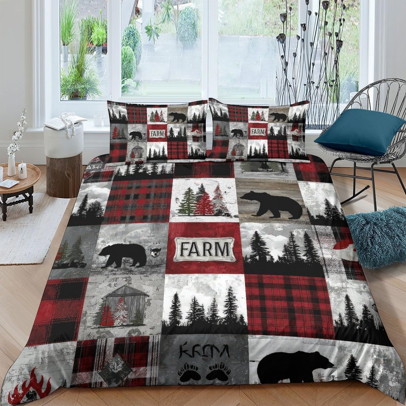 Ctjqhvkz Style-5 3D Printed Forest Bear Fitted Sheet Microfiber Soft Plaid Cabin Bed Cover For Bedroom Guest Room Decor Protection Single（135X200cm）