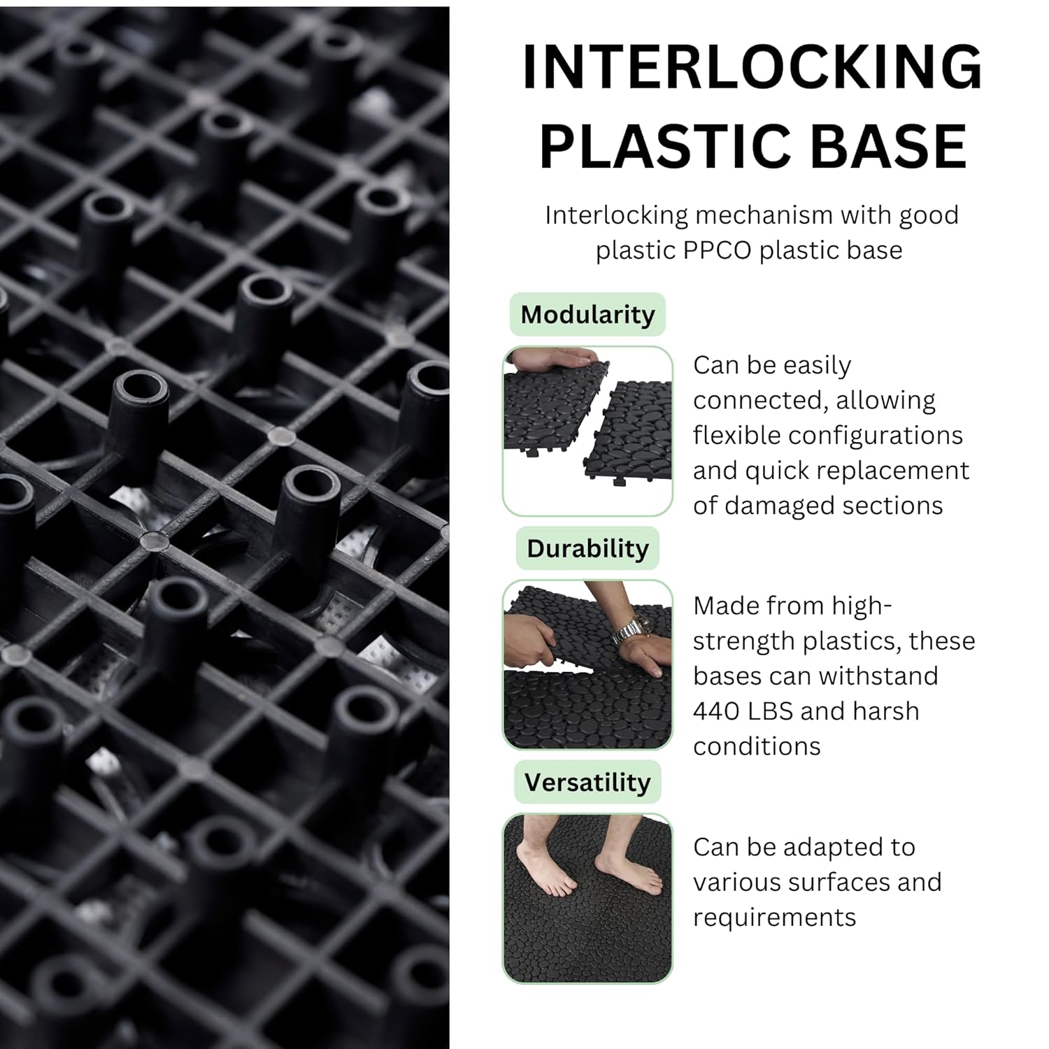 12 Pcs Plastic Interlocking Deck Tiles, 12" x 12" Outdoor Interlocking Tiles for Patio, Porch, and Balcony, Waterproof Plastic, Pebble Stone Pattern, Black