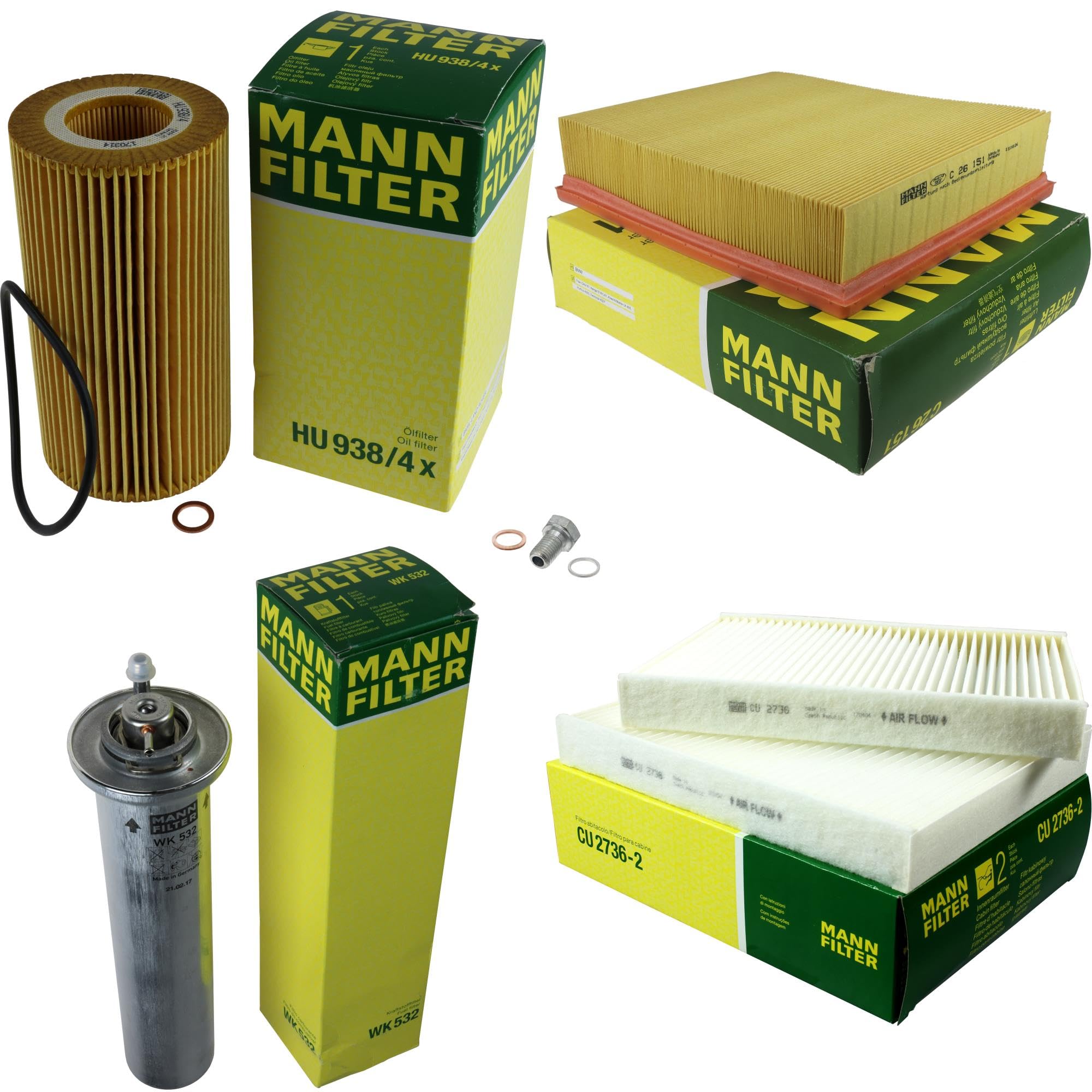 Paquete de inspección Kit de mantenimiento de filtros con filtro de aceite HU 938/4 x, filtro de aire C 26 151, filtro de combustible WK 532, filtro de habitáculo CU 2736-2, tornillo de
