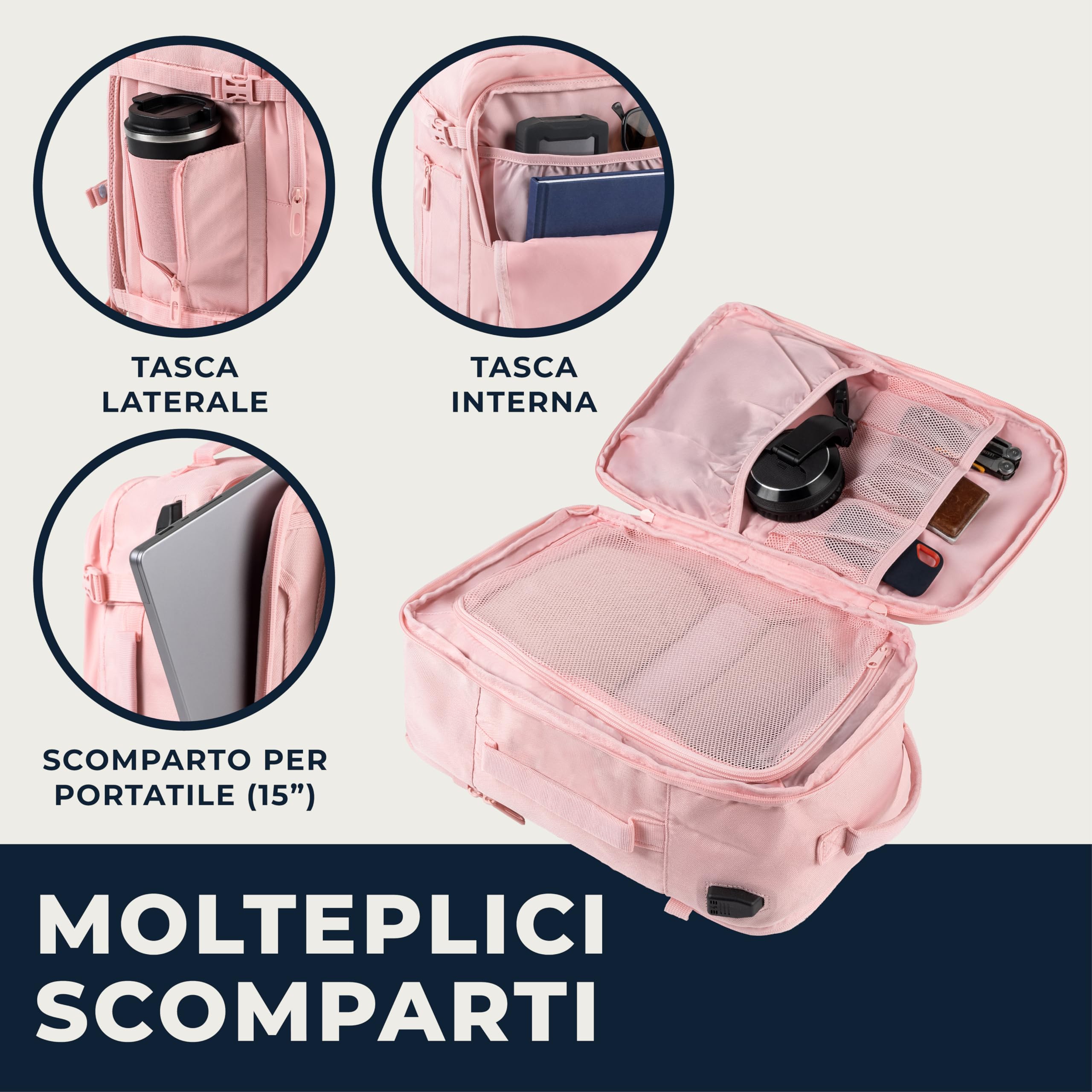 Zaino Bagaglio A Mano 40x20x25 Ryanair, Zaino Borsa 20L Voli Low Cost Easyjet - Rosa