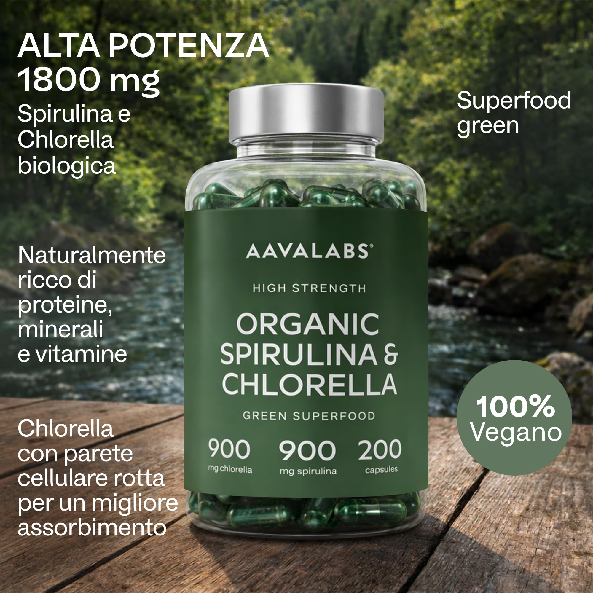Spirulina & Chlorella Bio [1800 mg] AAVALABS - Alga Spirulina Bio Compresse - Clorella e Spirulina Polvere da Alghe Naturali di Alta Qualità con Fitonutrienti - Ideale per Frullati - 200 Capsule Vegan