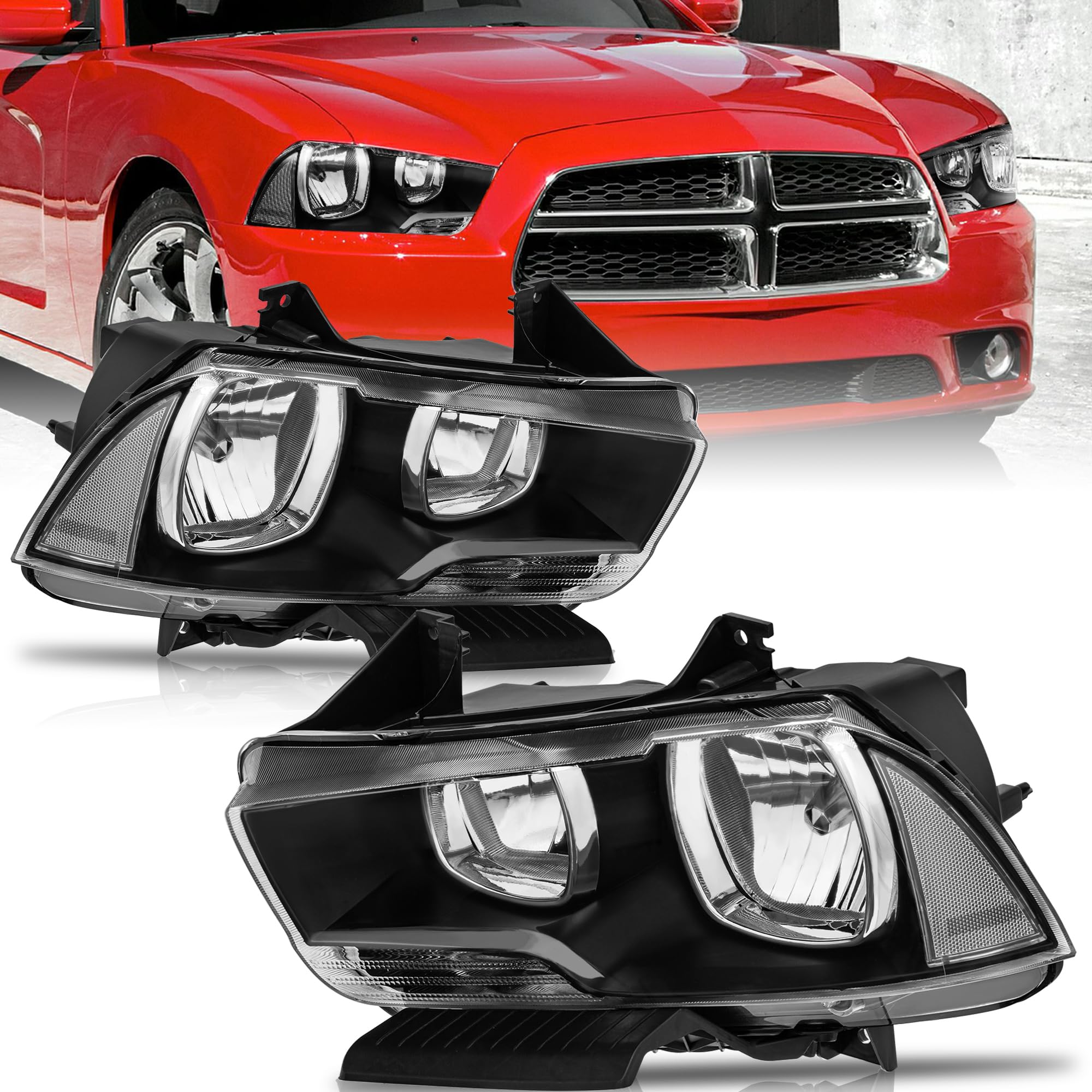 KUIPERAUTO Headlights Assembly Compatible for 2011 2012 2013 2014 Dodge Charger Halogen Black Housing Clear Reflector Front Headlamp Pair