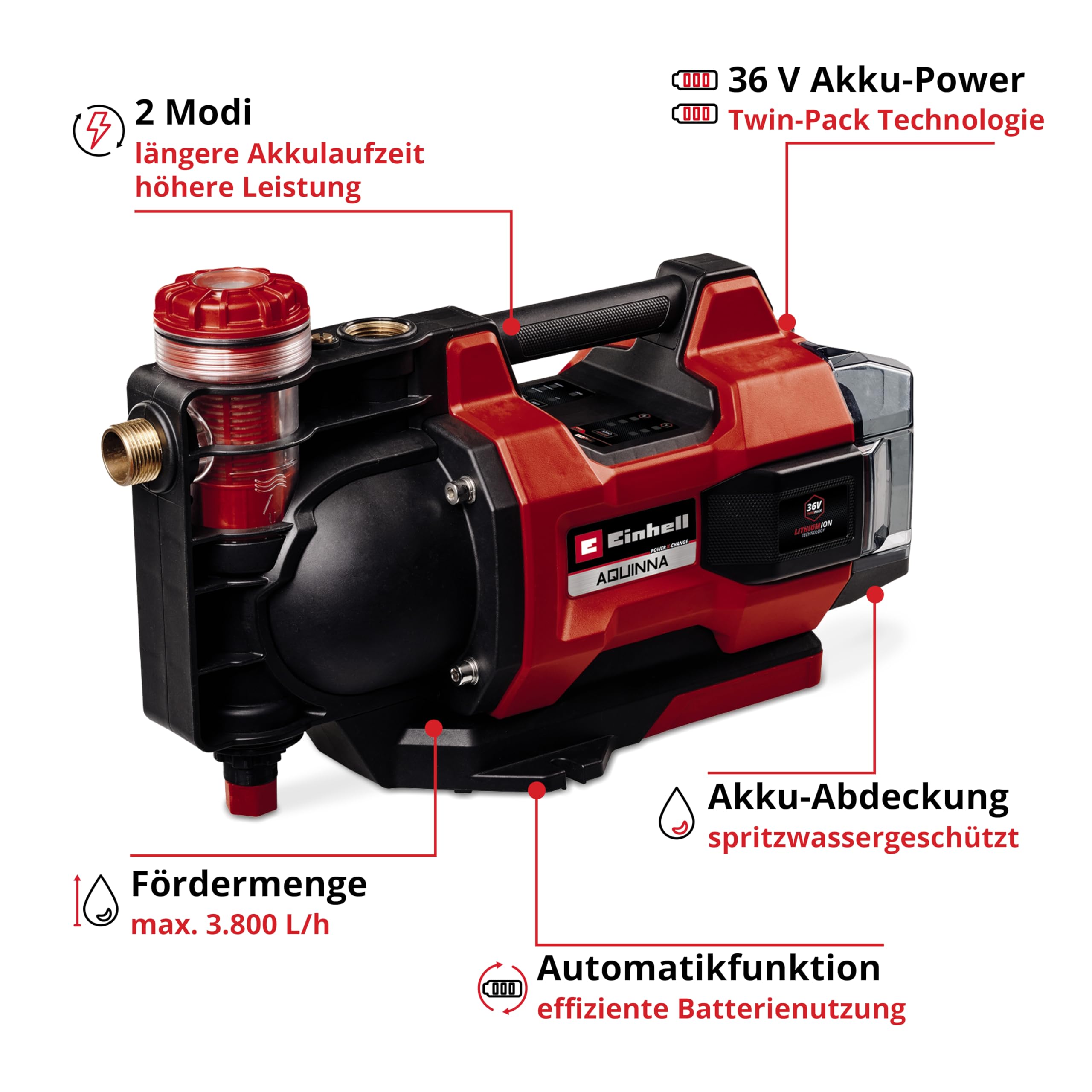 Einhell automatische Akku-Gartenpumpe AQUINNA 36/38 F LED AUTOMATIC Power X-Change (36 V, max. 3800 L/h, max. 37 m Förderhöhe, Automatikfunktion, ECO/Boost, Vorfilter, ohne Akku)