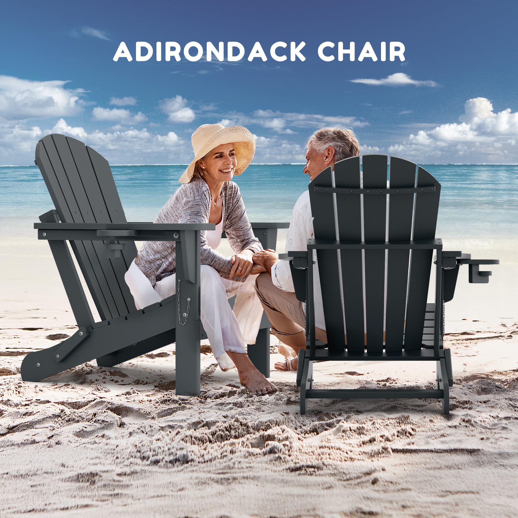 M MIDOULANDEXTYT Adirondack Stuhl,HDPE-Wetterfester Klapp-Adirondack-Stuhl mit Becherhalter für Garten,Terrasse,Hinterhof,Patio(Grau)