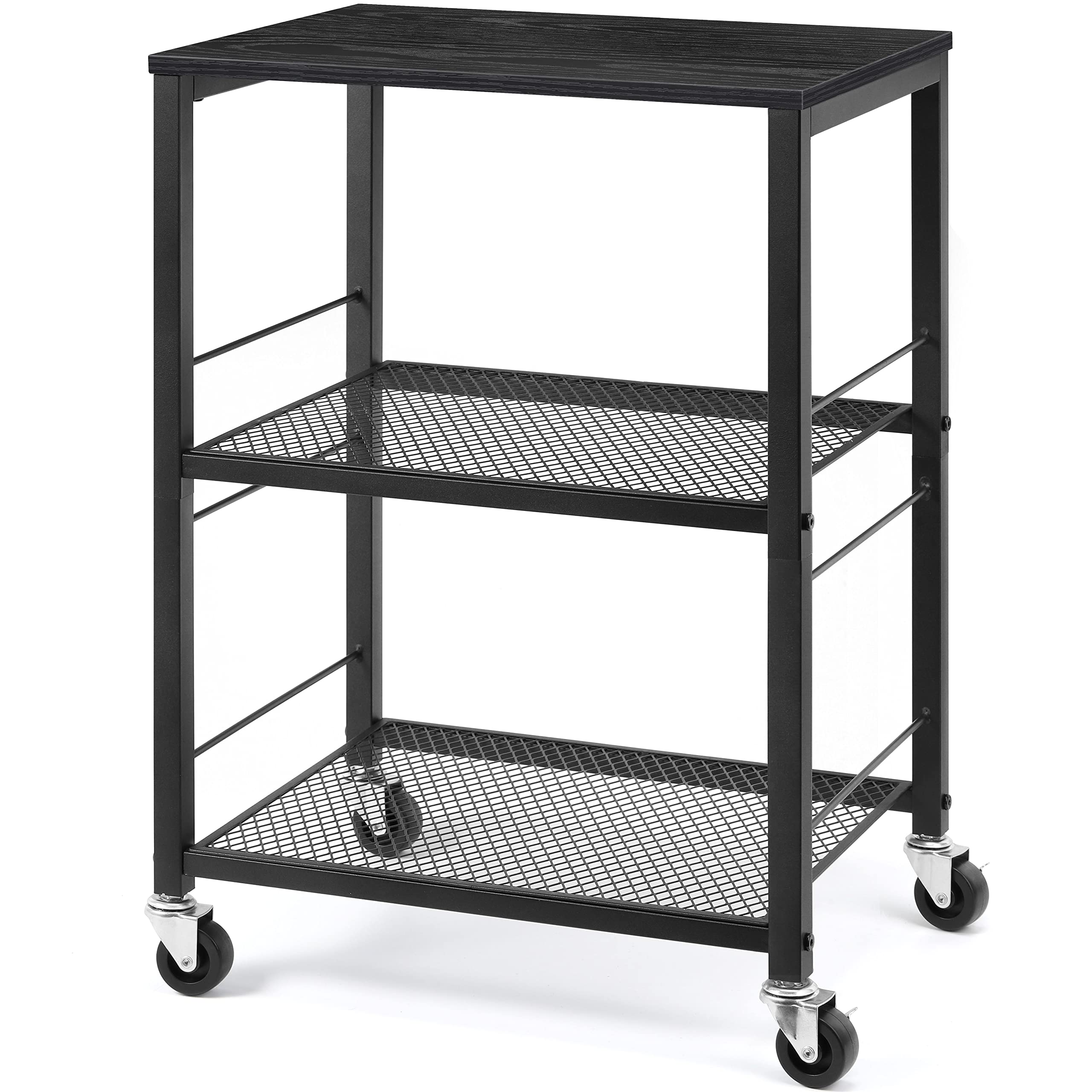 LIANTRAL Estantería de Cocina con Ruedas, Carrito de Servicio de 3 Niveles, Carrito de Cocina, Estantería para Microondas, Horno, Tostadora, Marcos metálicos y Tablas de Madera, Negro
