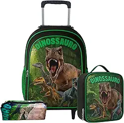 Kit Mochila de Rodinha Escolar Masculina Infantil Menino + Lancheira + Estojo Grande Dinossauro