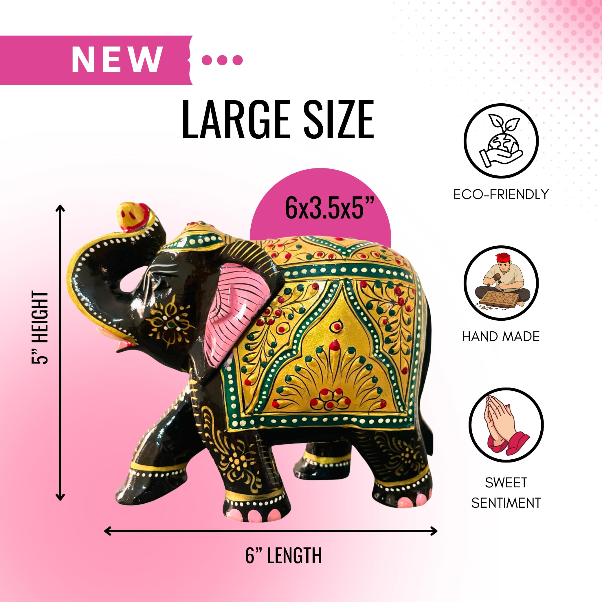 Elefante ornamentale realizzato a mano in legno, di lusso, tradizionale, portafortuna, statuetta decorativa per la casa, per soggiorno, ufficio e regali (oro e verde) (grande, 12,7