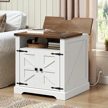 HOOBRO Farmhouse End Table with Charging Station, 23.6" Large End Tables for Living Room, Sofa Side Table with Barn Door, Wooden Square Nightstand Bedside Table, Flip Top, White and Walnut WH601UBZ01