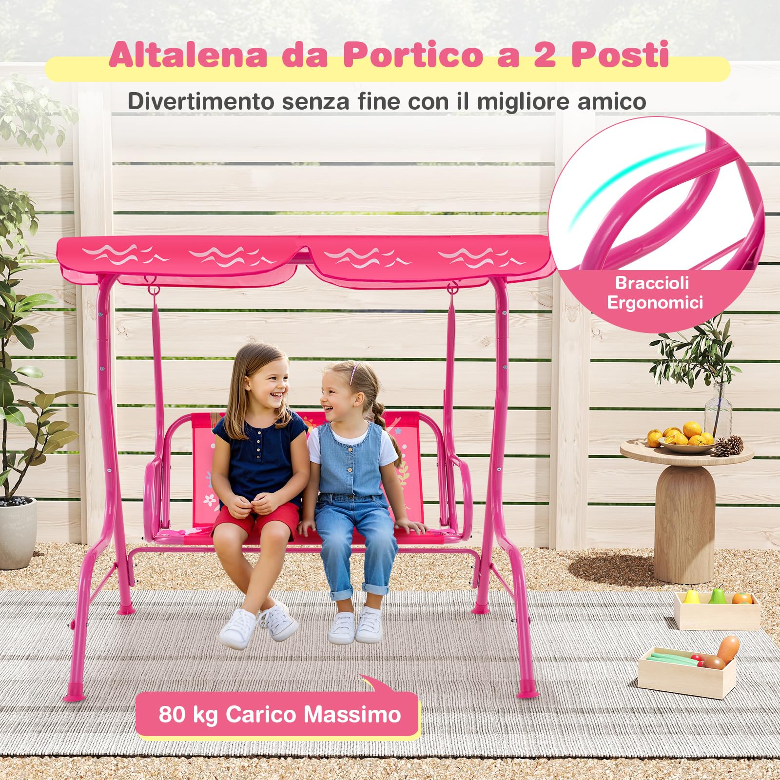 COSTWAY Altalena da Esterno per Bambini, Panchina a Dondolo a 2 Posti con Struttura in Metallo, Tetto Regolabile e Cinture di Sicurezza, per Bambini 3+Anni, Portata 80 kg (Rosa)
