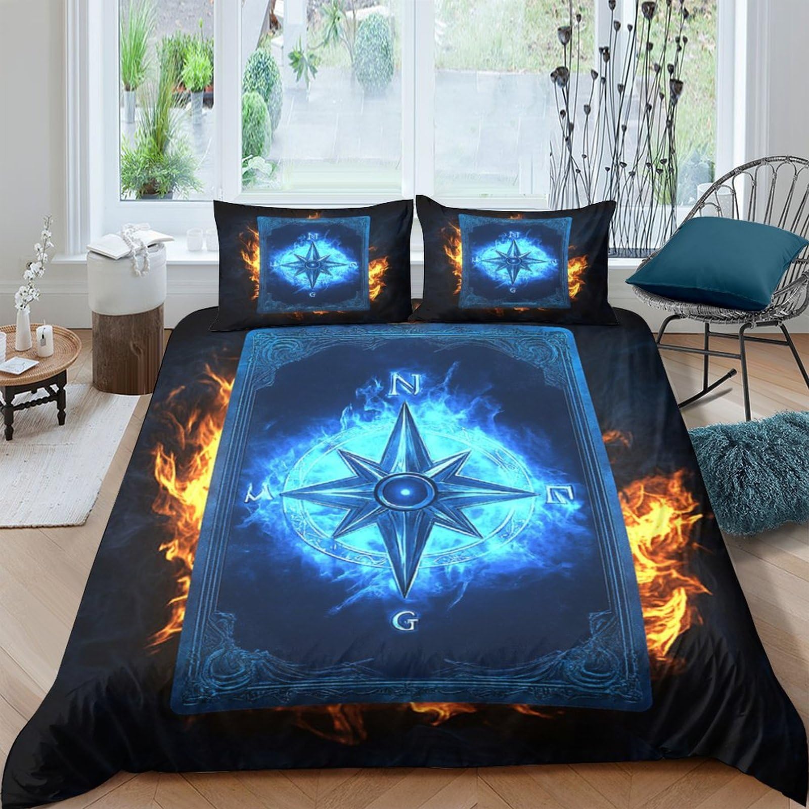 Ctjqhvkz Style-8 3D Printed Blue Flame Compass Fitted Sheet Microfiber Soft Bed Cover Fire Ice Pattern For Bedroom Dorm Apartment Single（135X200cm）