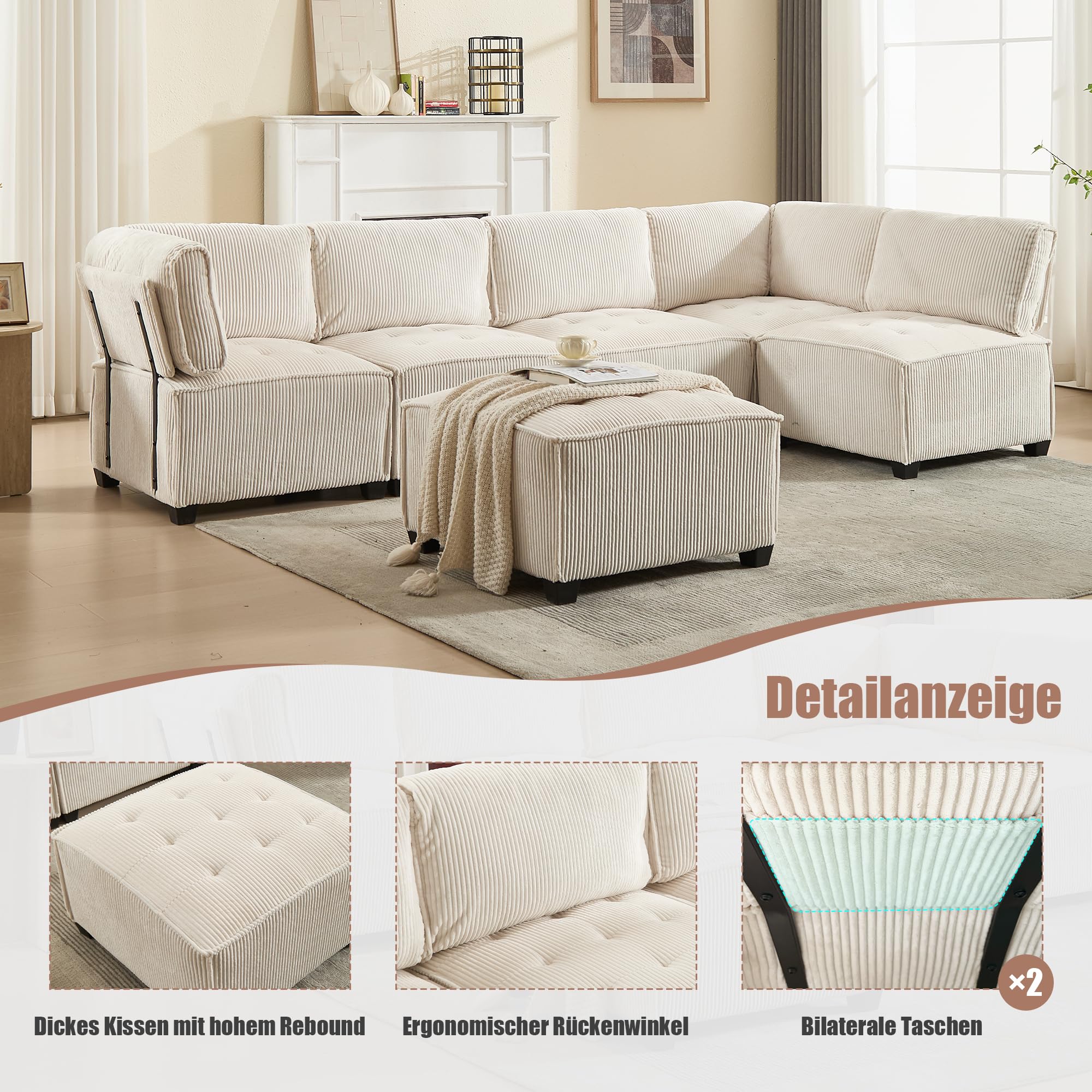 Sofá modular de 6 plazas con funda de pana, respaldo ergonómico y reposabrazos, multifuncional, combinable como forma de U, forma de L o sofá cama, con bolsillos laterales, rebote rápido (beige)