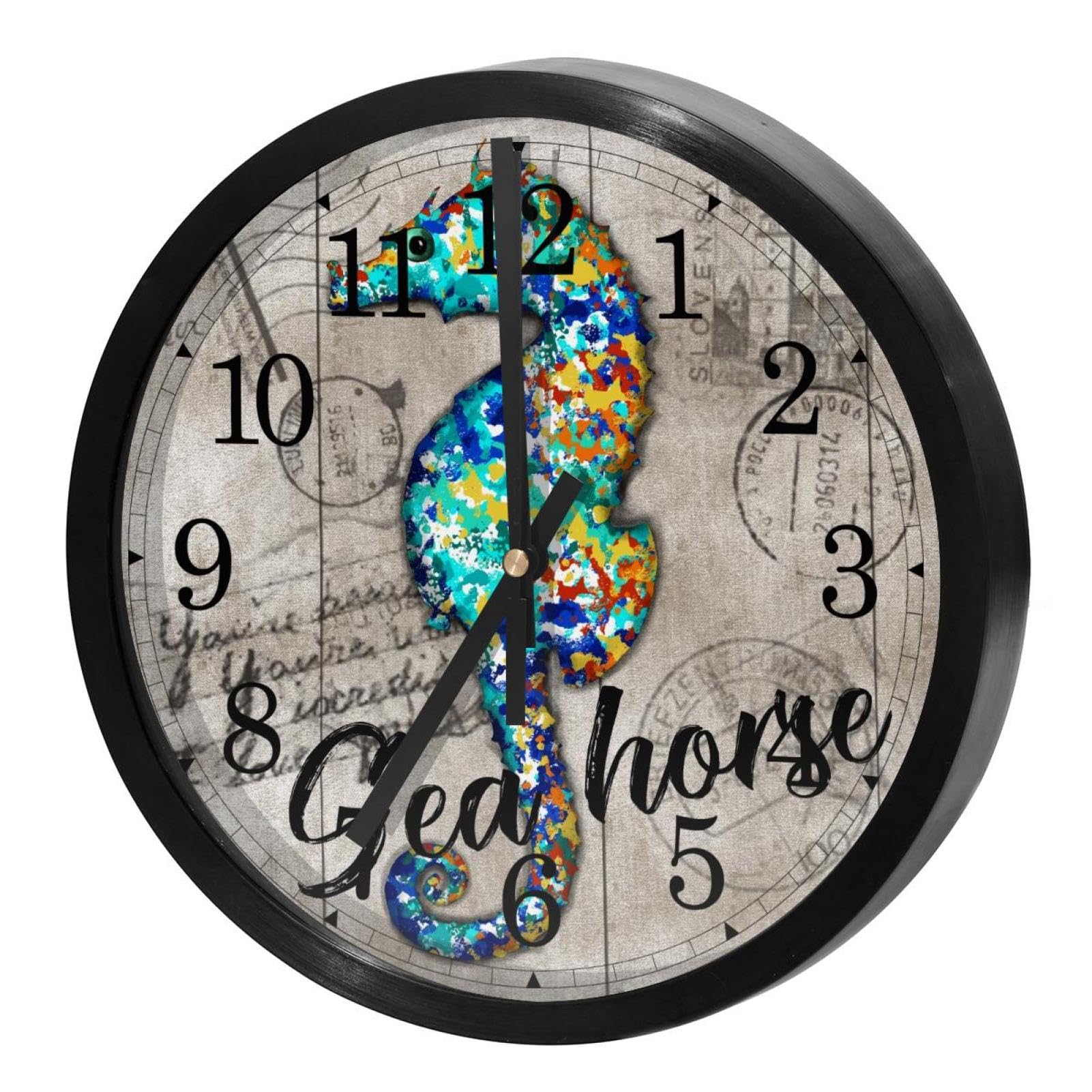 Horloge murale silencieuse hippocampe en bois pour cuisine et bureau