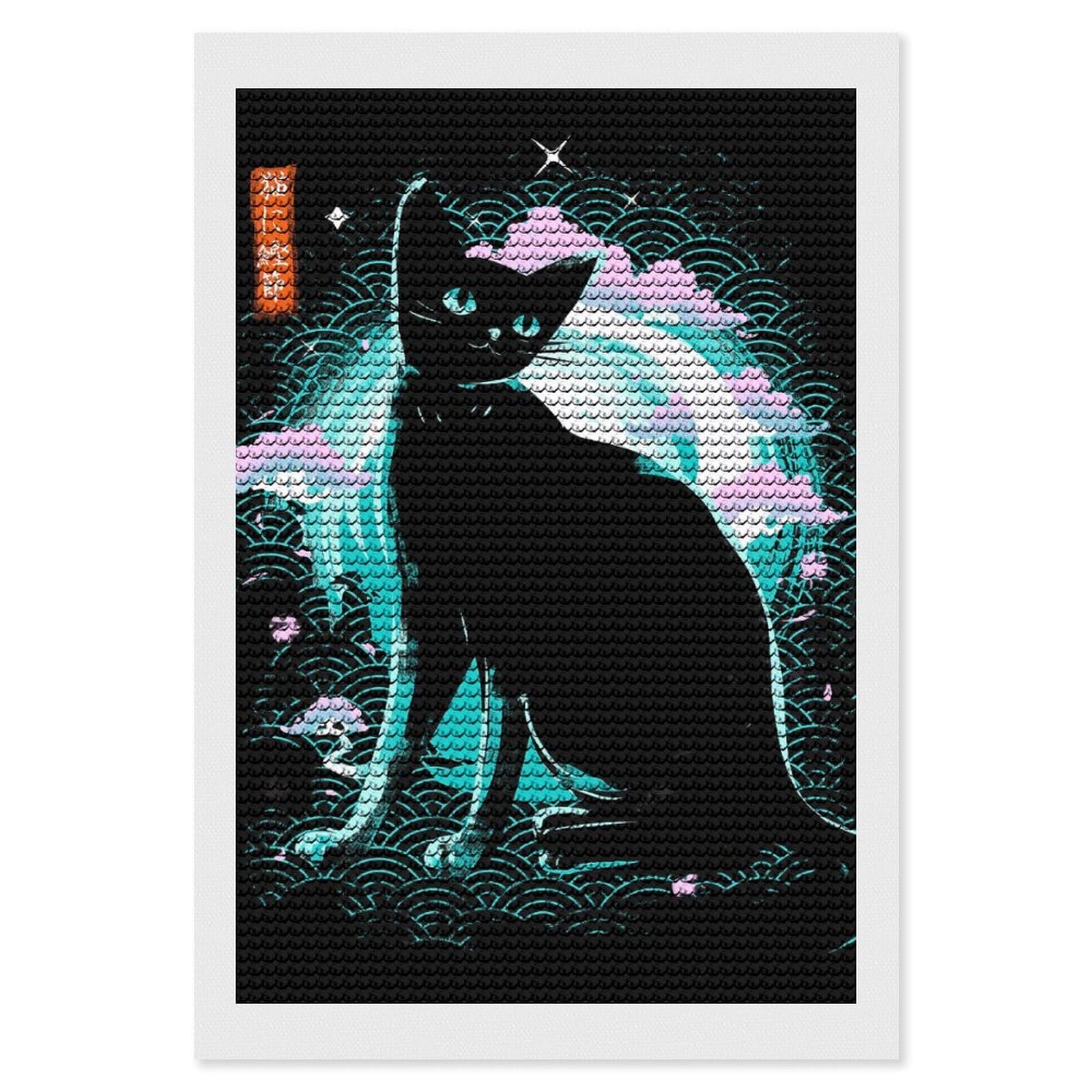Junmoney Japanese Cat Diamond Painting Set 8"x12", Full Kit Included, Sparkling Round Gems, Farmhouse Decor, Festive Craft Gift