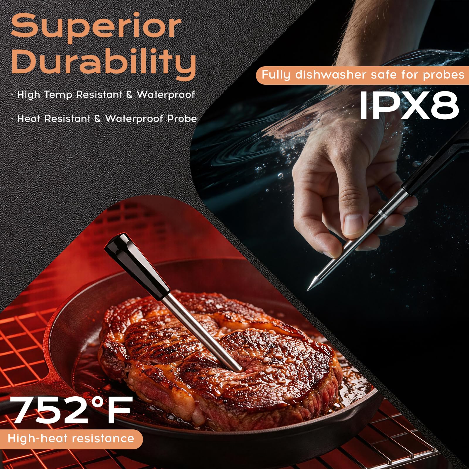 Termómetro de carne inalámbrico Bluetooth inteligente con alcance de 500 pies y alertas de aplicación, termómetro digital de cocina de sonda única para asar, ahumar, horno, cocina, perfecto para