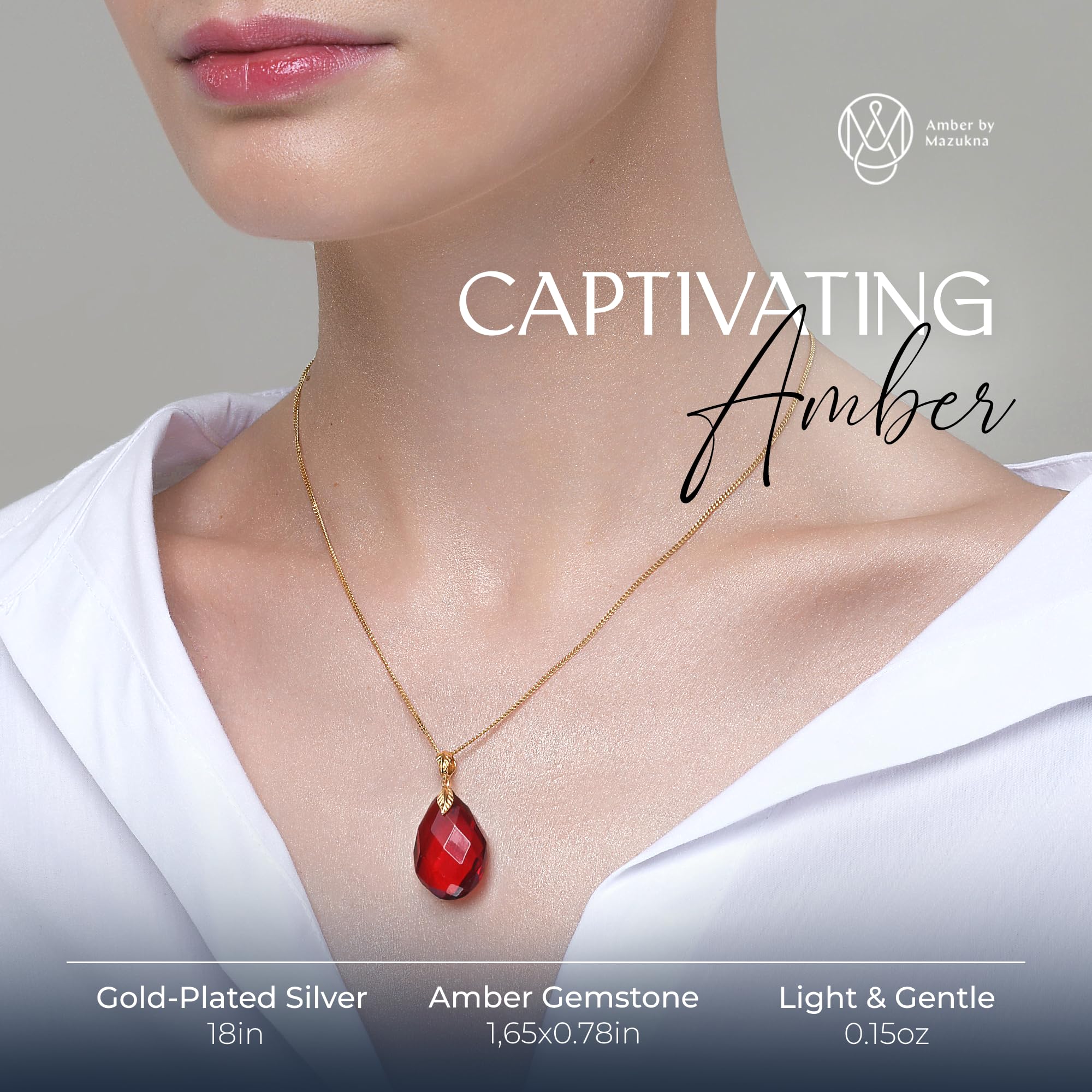 Ciondolo in ambra rossa, elegante gioiello ambra, grande ciondolo da donna, in argento sterling placcato oro, collana da donna (45 cm)