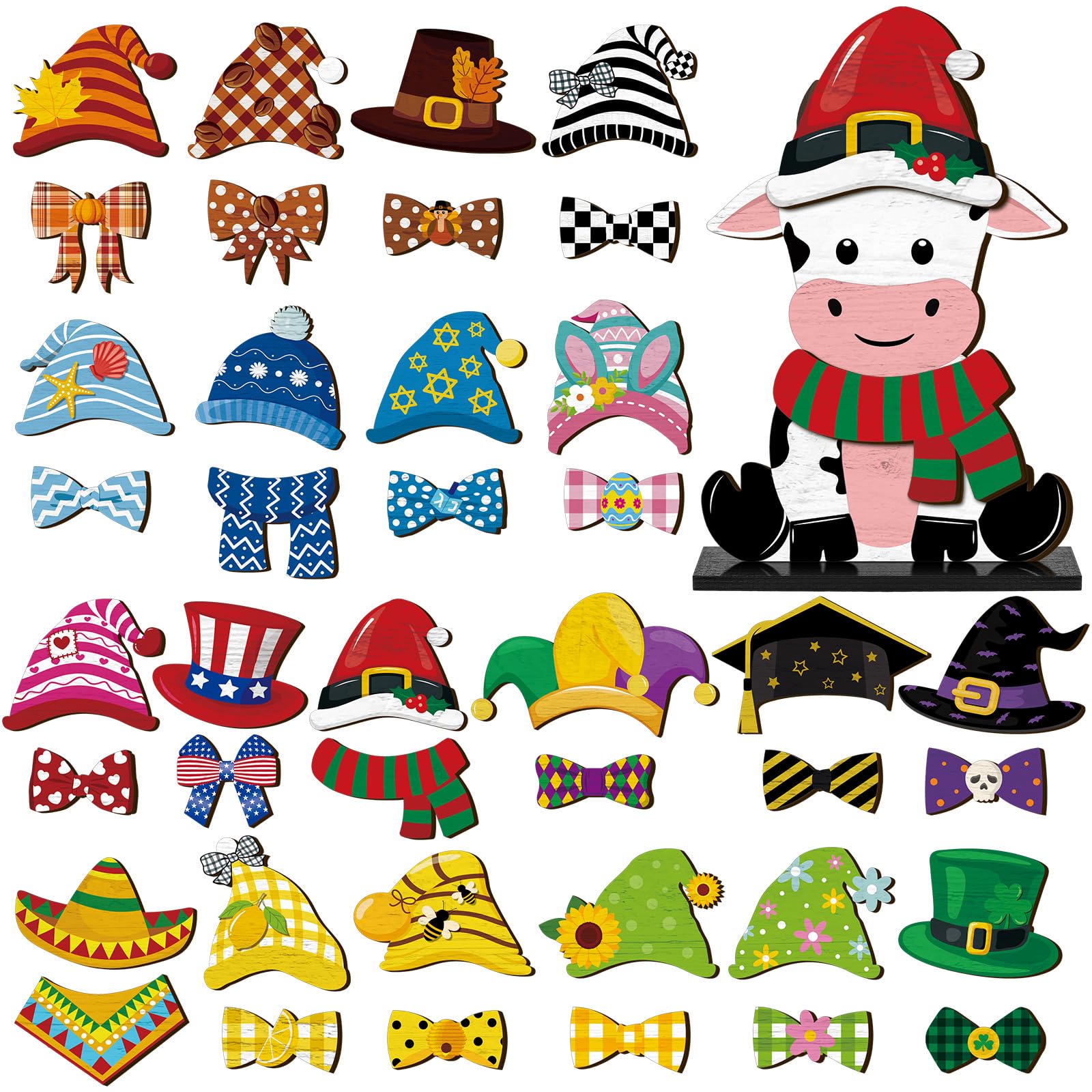 42 Pcs Small Interchangeable Christmas Cow Holiday Decor Seasonal Sign Fall Thanksgiving Tiered Tray Decoration Farmhouse Rustic Wood Home Office Desk Accessories Welcome Ornaments Gifts