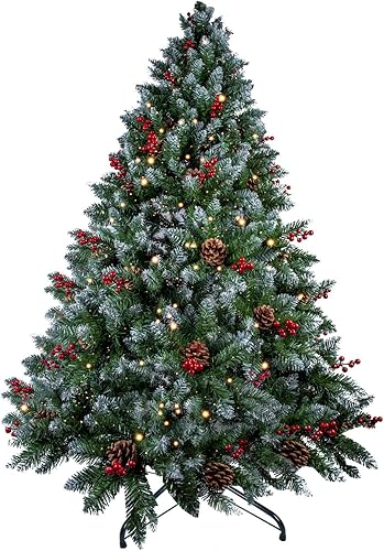 Árbol de Navidad artificial de 6 pies con soporte de metal sólido, cono de pino y fruta roja para fiesta de Año Nuevo, decoraciones de Navidad para
