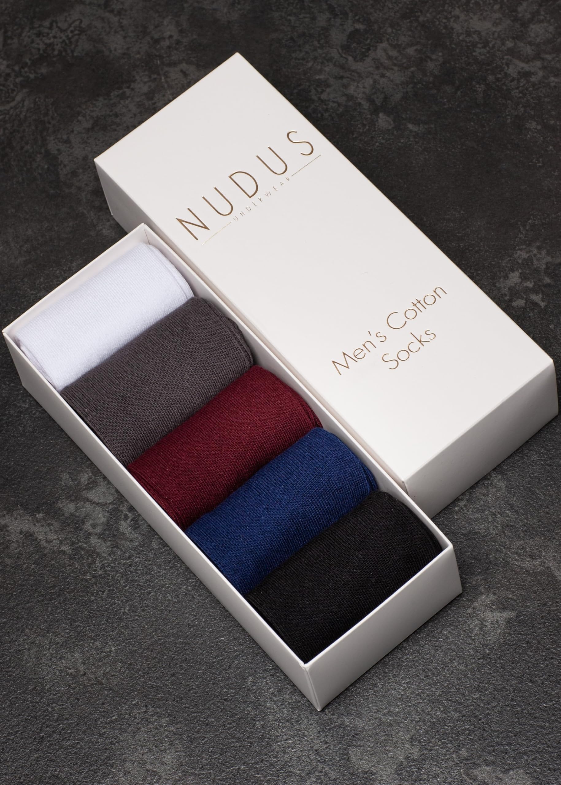 NUDUS Calcetines de algodón para hombre, caja de regalo de 5 pares, suaves, finos y transpirables