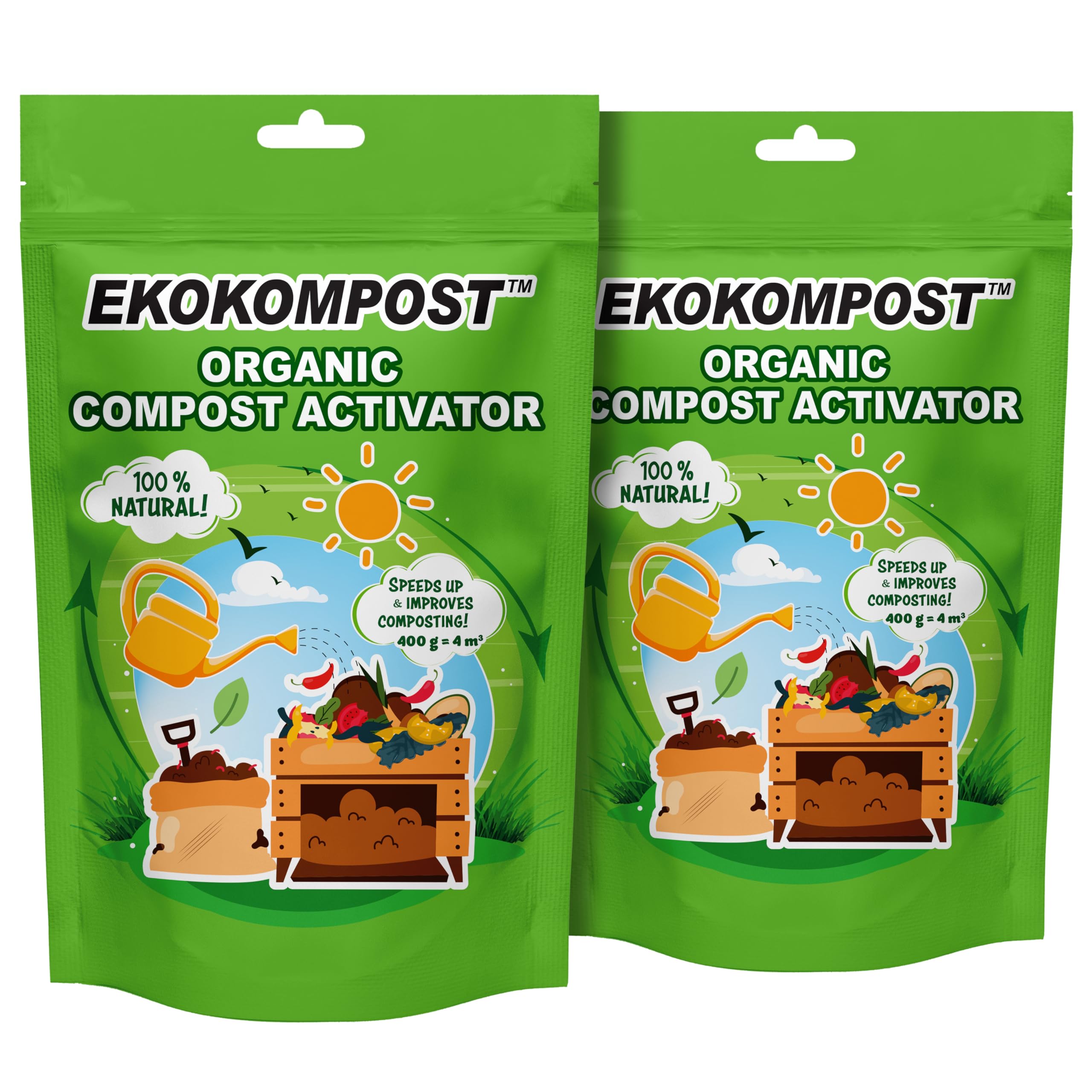EKOKOMPOST Kompostbeschleuniger - Natürliche Mikrobiologische Kompostierhilfe - Schnellere Kompostierung durch Nutzbakterien - Für alle Kompostbehälter - 2x 400g für 8.000 L/ 8m3 Kompost