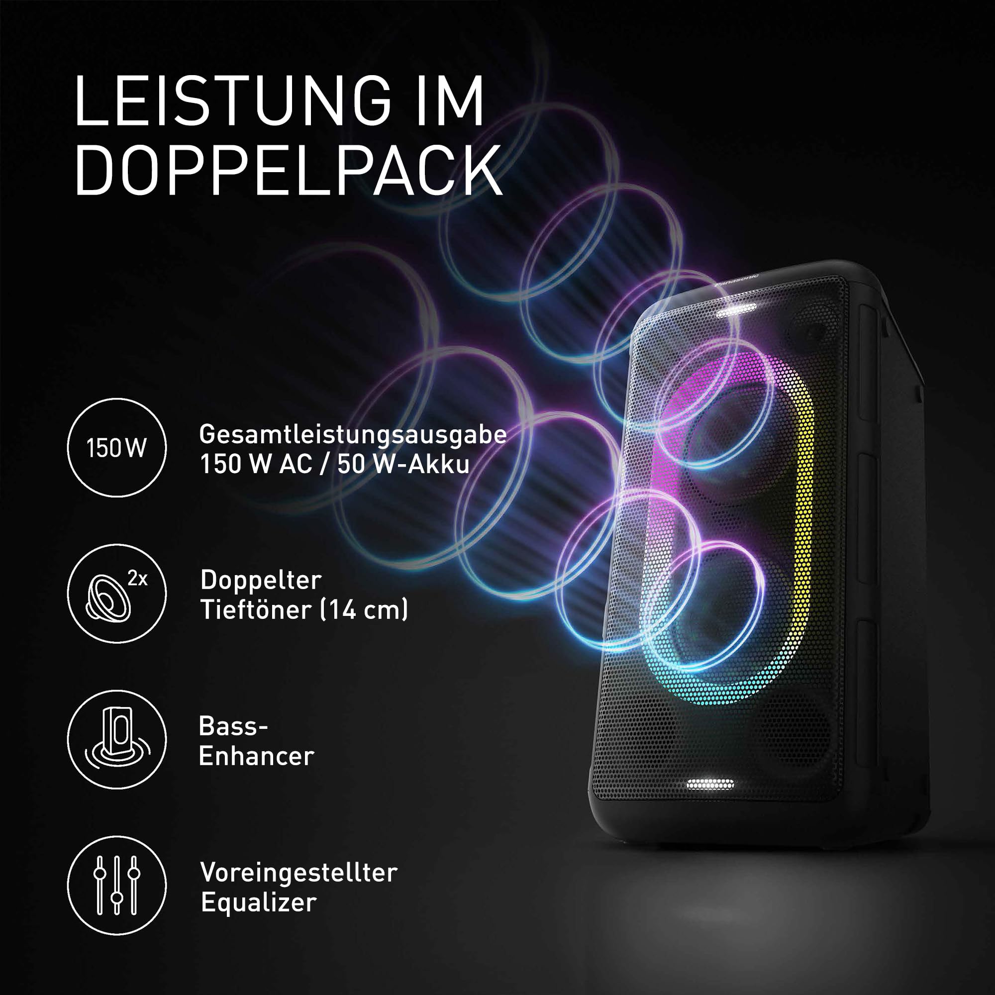Panasonic SC-BMAX10E-K Tragbarer Party-Lautsprecher mit Bluetooth, integrierter Beleuchtung, 150 W, USB, optischem Eingang für TV, Gitarren- & Mikrofoneingängen für Karaoke, Schwarz