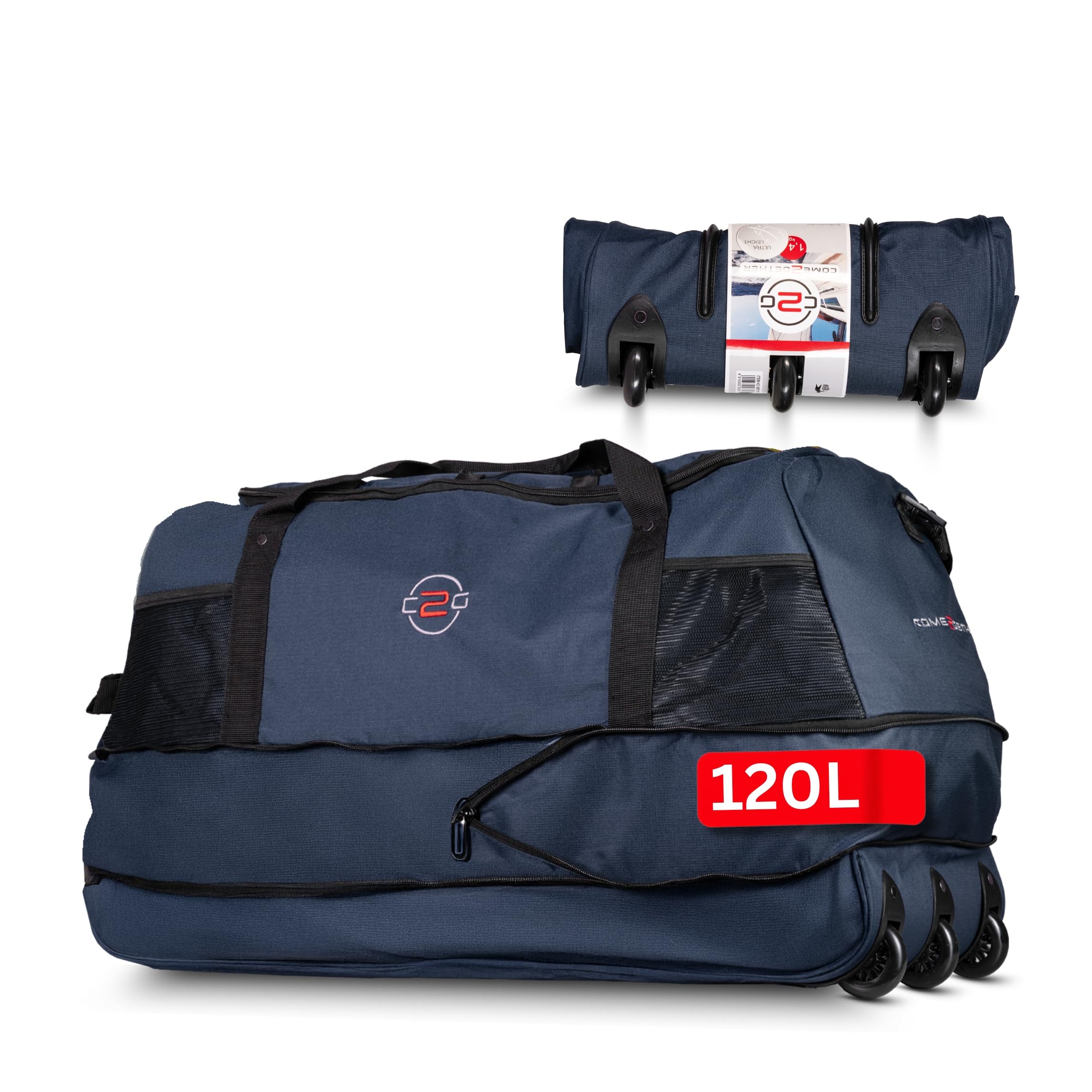 Große Reisetasche mit Rollen 120 L – Faltbare Rolltasche & Sporttasche XXL – leicht, robust & platzsparend – ideale Reisetasche zum Ziehen für Urlaub, Sport & Training (Navy)