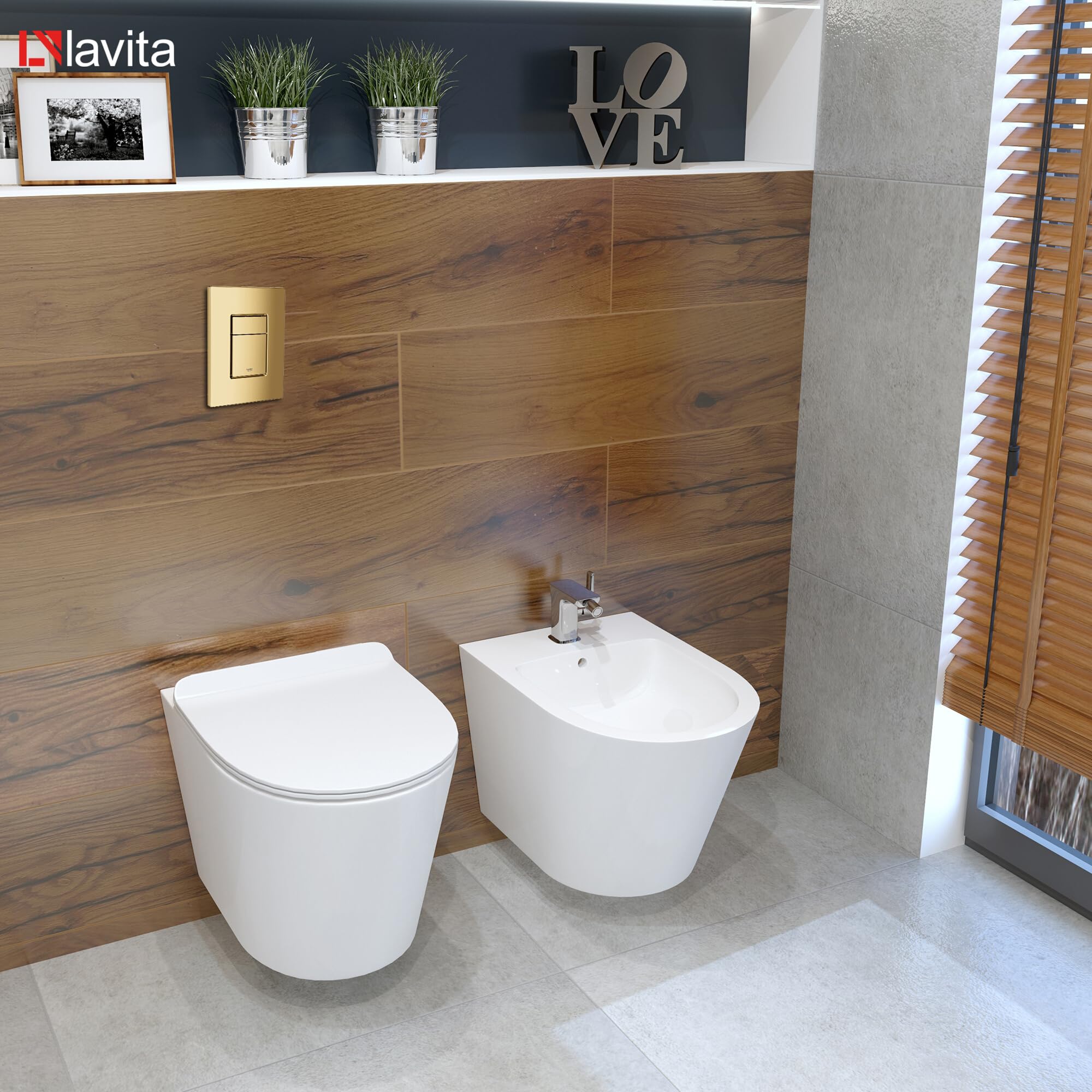 LAVITA | Elemento de pared Solido + pared colgante inodoro Galve blanco sin borde + asiento de inodoro SoftClose | Botón dorado | Juego completo | cisterna empotrada | inodoro completo