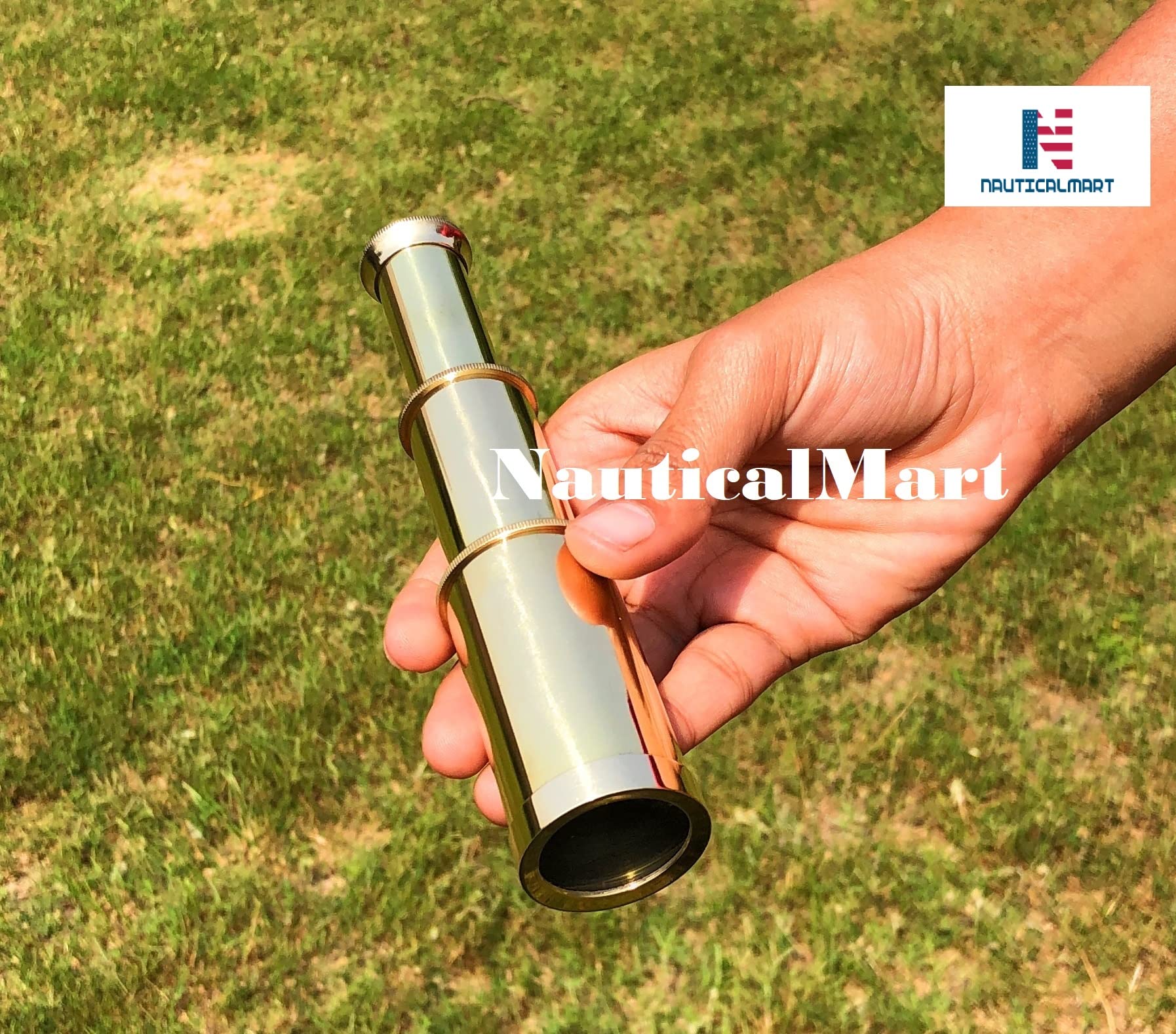 Brass Telescope Pirate Spyglass with Personalized Wooden Box 6 Inch Handheld Nautical Sailor Gift (Engraved Sign 1)