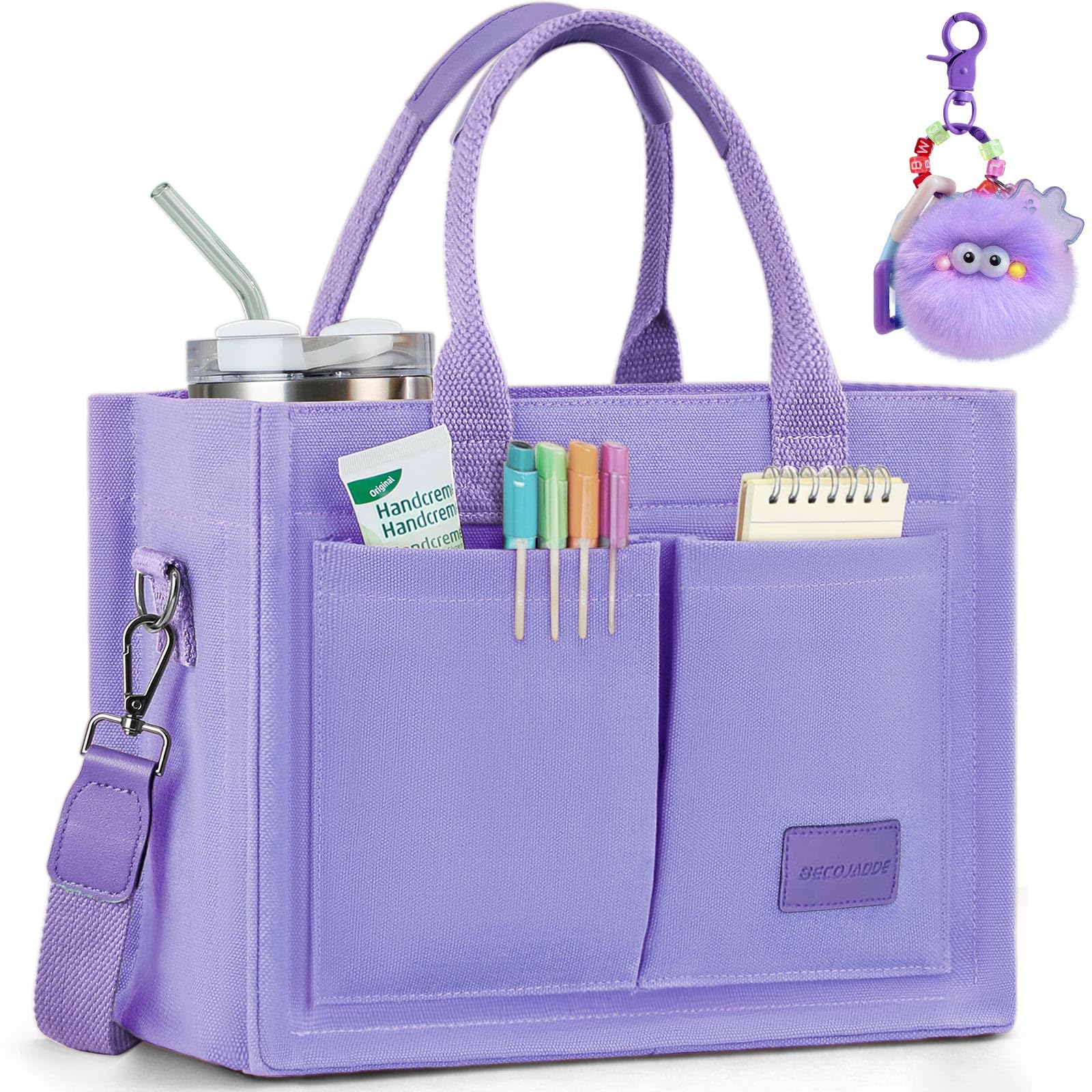BECOJADDE Structured Canvas Tote Bag for Women, Multi-Compartment Zippered Purse for Work Bible Travel X-Large Purple