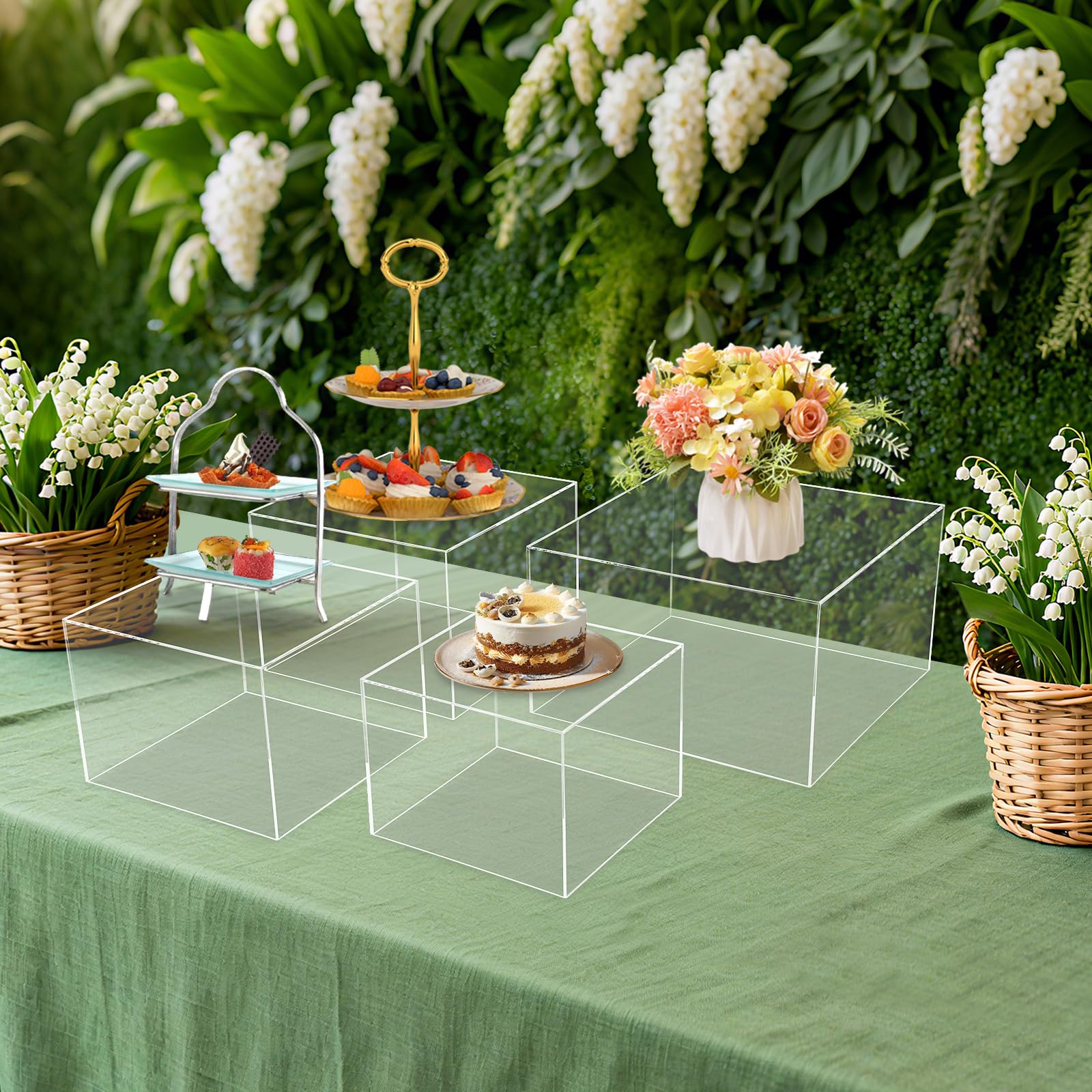 Juego de 4 soportes para tartas de acrílico transparentes, cuadrados y en 4 tamaños (8, 9, 10, 12 pulgadas), apilables para cupcakes, para bodas, cumpleaños, versátiles placas de presentación para