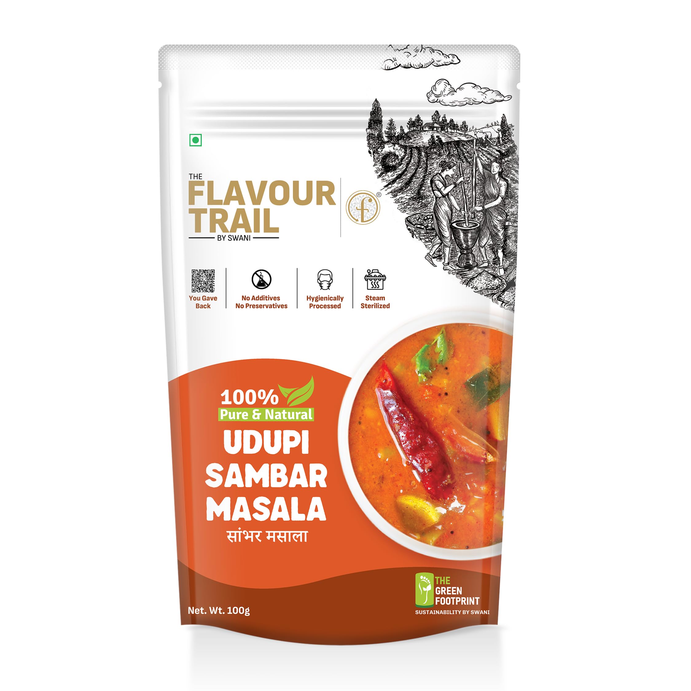 The Flavour Trail Udupi Sambar Masala | Traditional Karnataka Sambar Powder | Fragrant & Roasted Spices | Steam-Sterilized | No Nasties | Temple-Style Sambar| Perfect for Sambar, Rasam & Curries | 100g